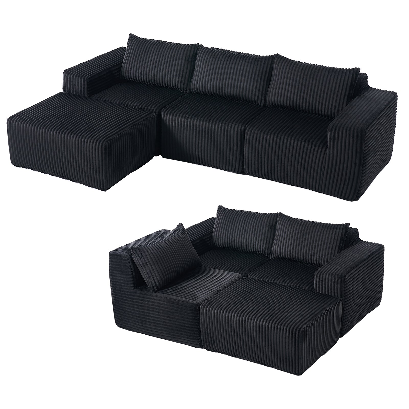 Omaha 101" Modern Corduroy L-Shaped Modular Sectional Sofa with Chaise, Black