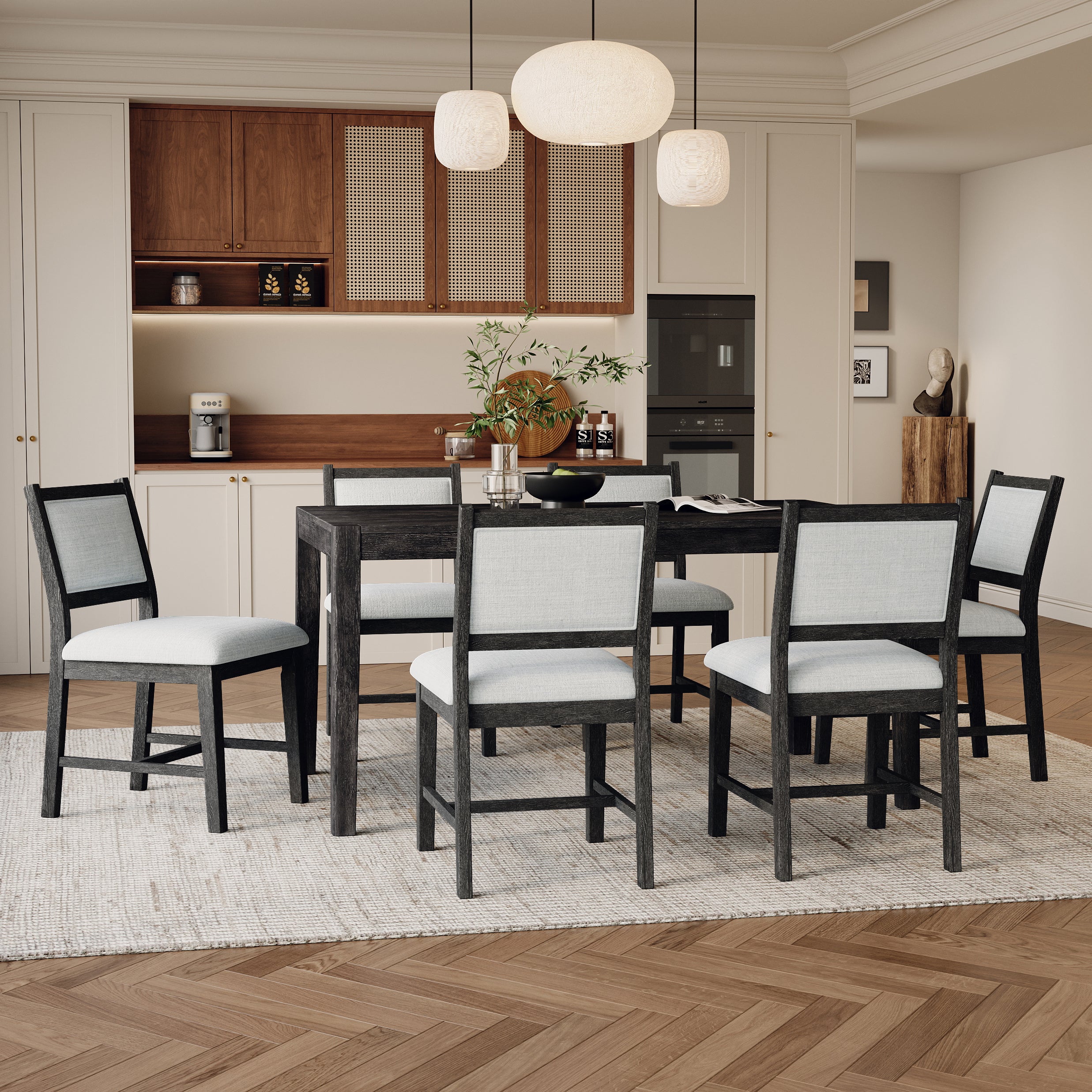 Elora 7 Piece Modern Wood Dining Table Set with Upholstered Chairs