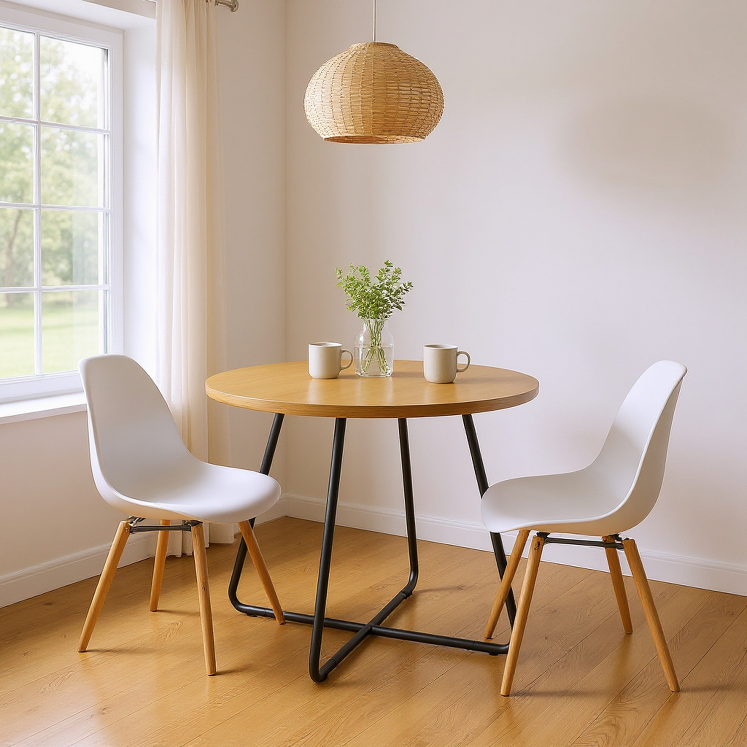Modern Metal and Wood Curved X-Base Round Dining Table – English Ash