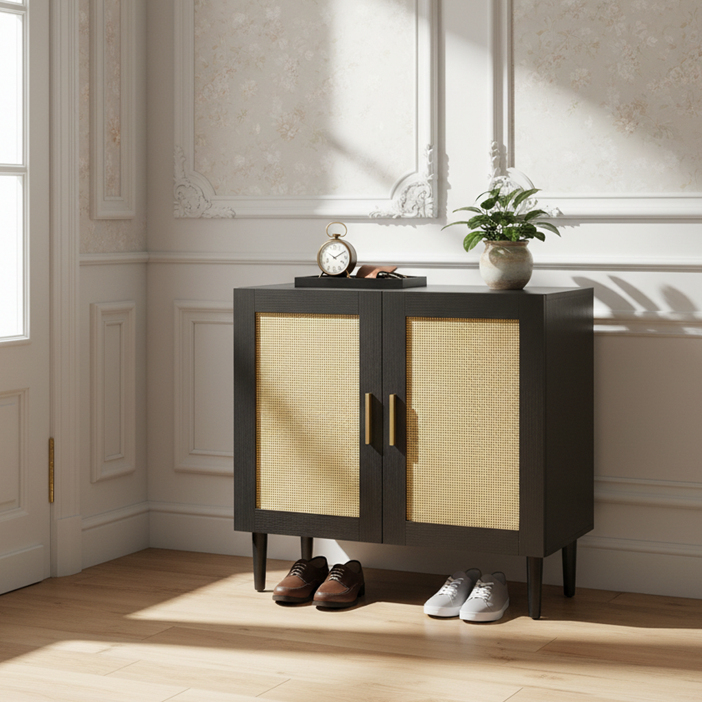 Side panel buffet cabinet with natural rattan door, rattan storage cabinet with adjustable shelves, side panel and buffet with storage space, modern console cabinet in bedroom and living room