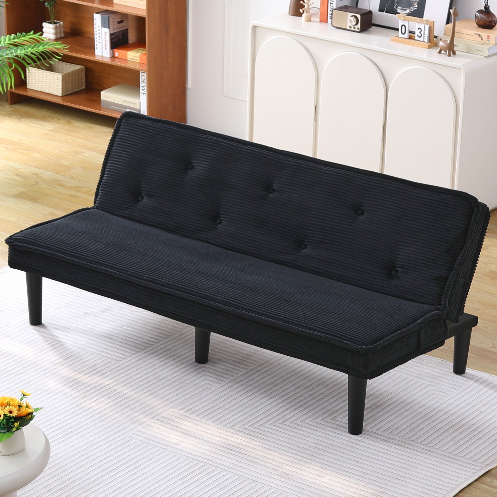 66'' Corduroy Convertible Sofa Bed, Modern Minimalist, Black, for Living Room/Bedroom