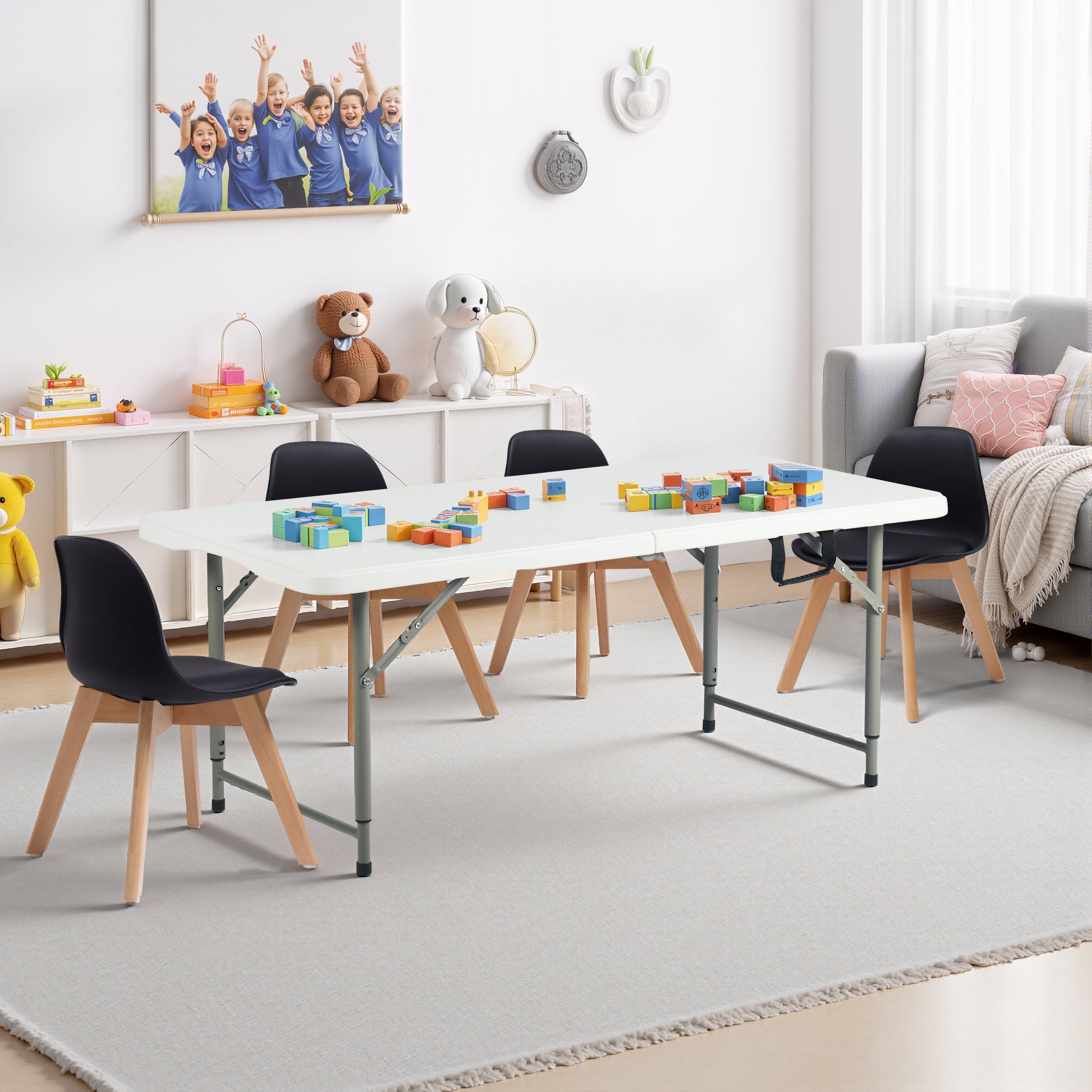 LOULA 4ft Folding Table, Height Adjustable 19–30 in, Fold-in-Half Portable Utility Table with Carry Handle, HDPE Top and Steel Legs, White