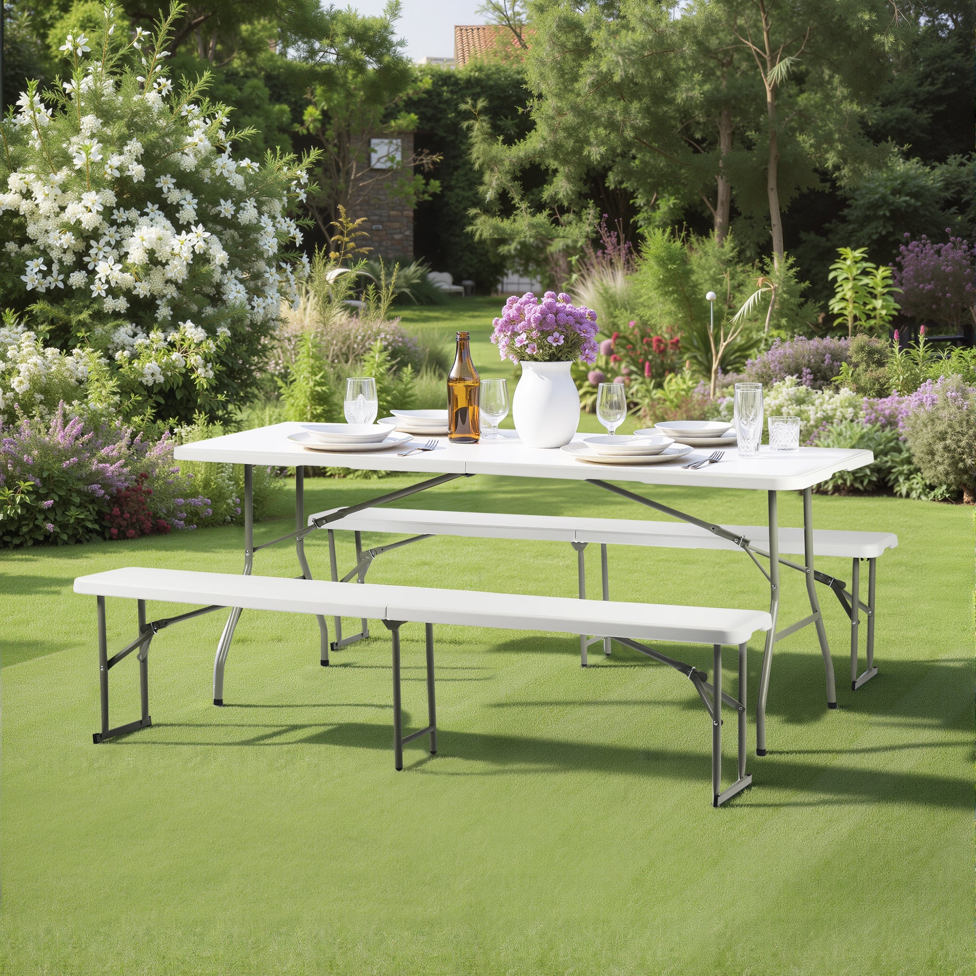 YIKA 6 Foot Folding Benches Set of 2 Portable Plastic Benches with Carry Handle Indoor Outdoor Seating White