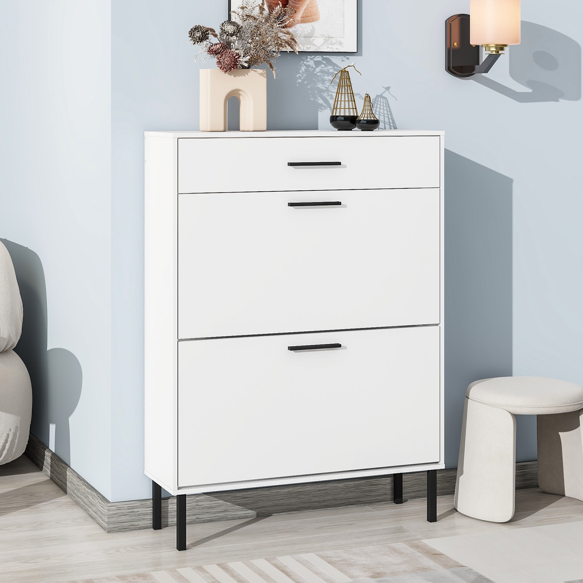 Harbor Modern Shoe Storage Cabinet with Drawer, White
