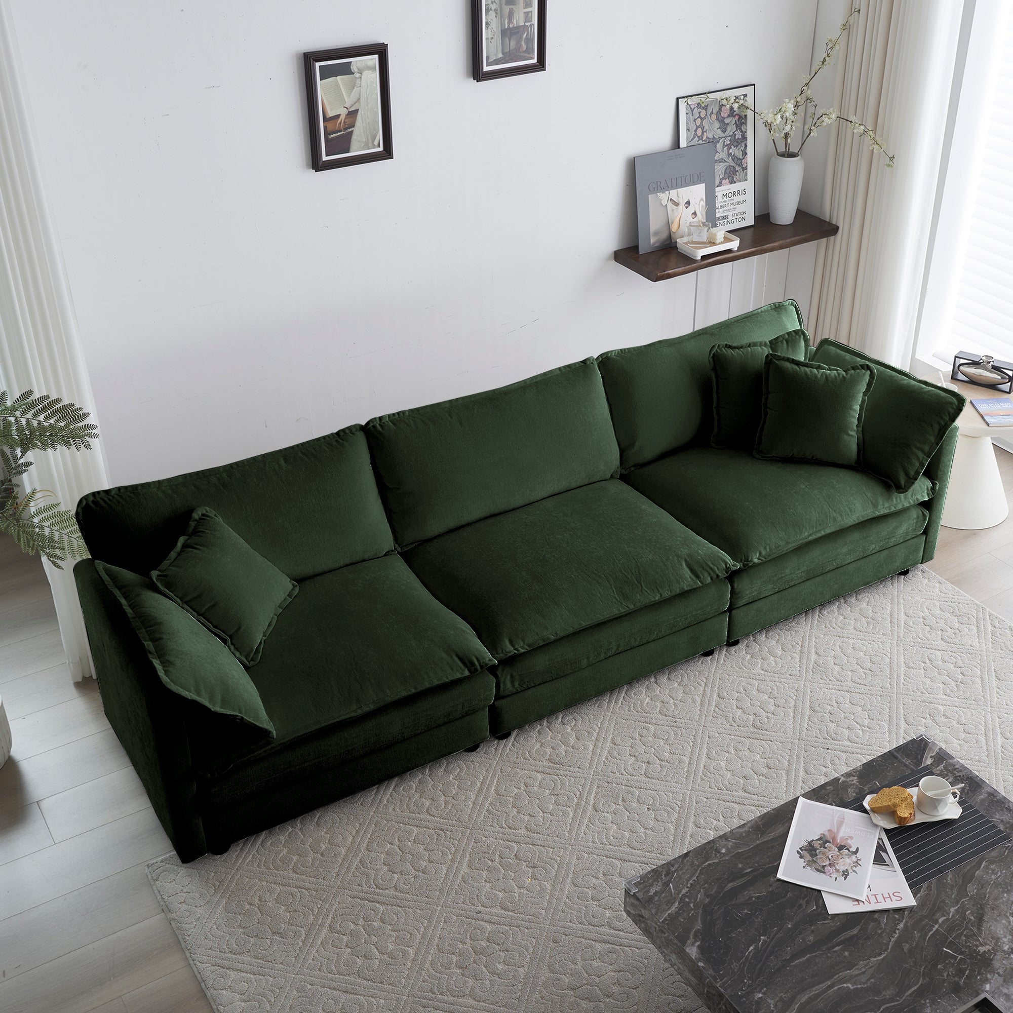Anchorage 111.5" Mid-Century Chenille 3-Seater Modular Sofa with Toss Pillows, Green