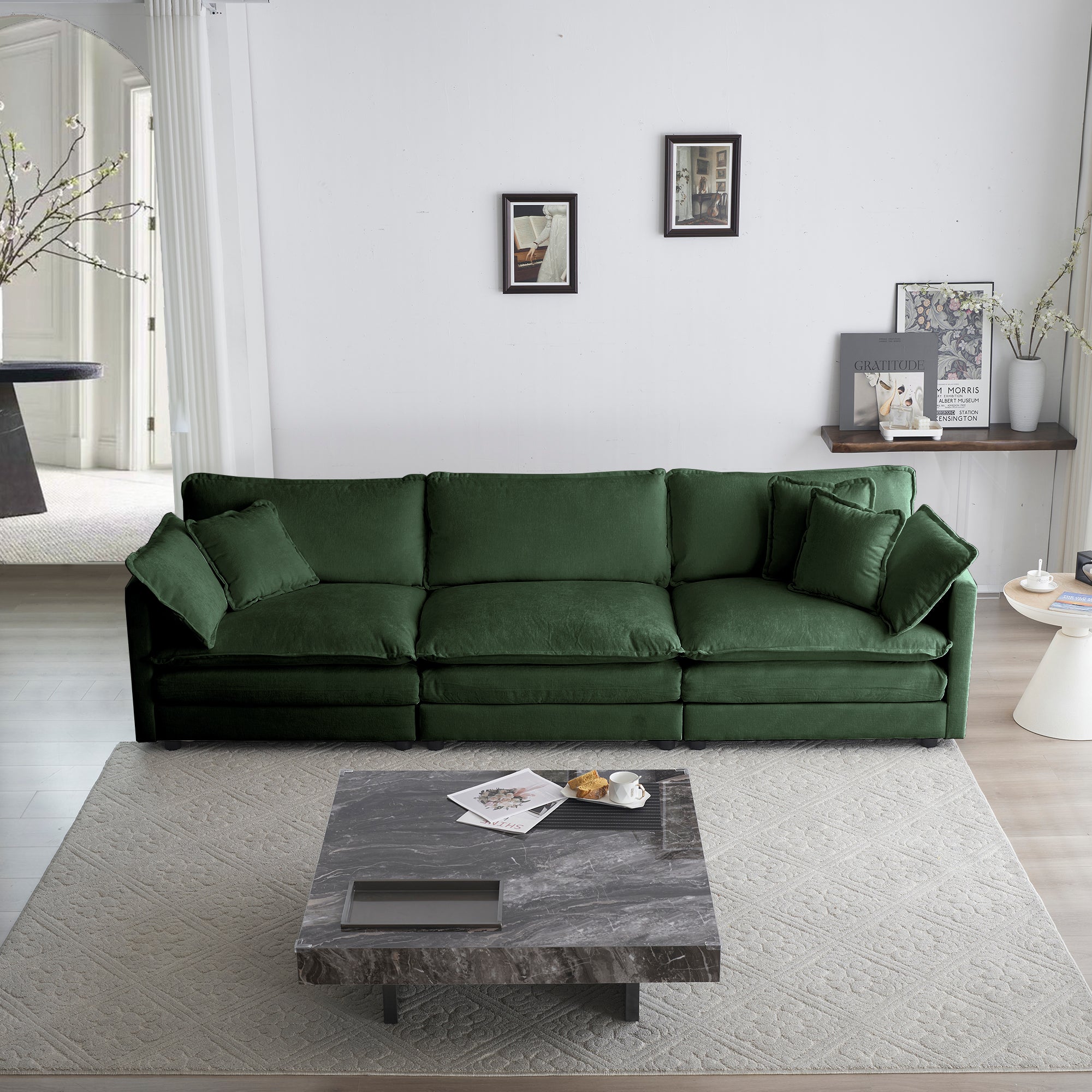 Anchorage 111.5" Mid-Century Chenille 3-Seater Modular Sofa with Toss Pillows, Green