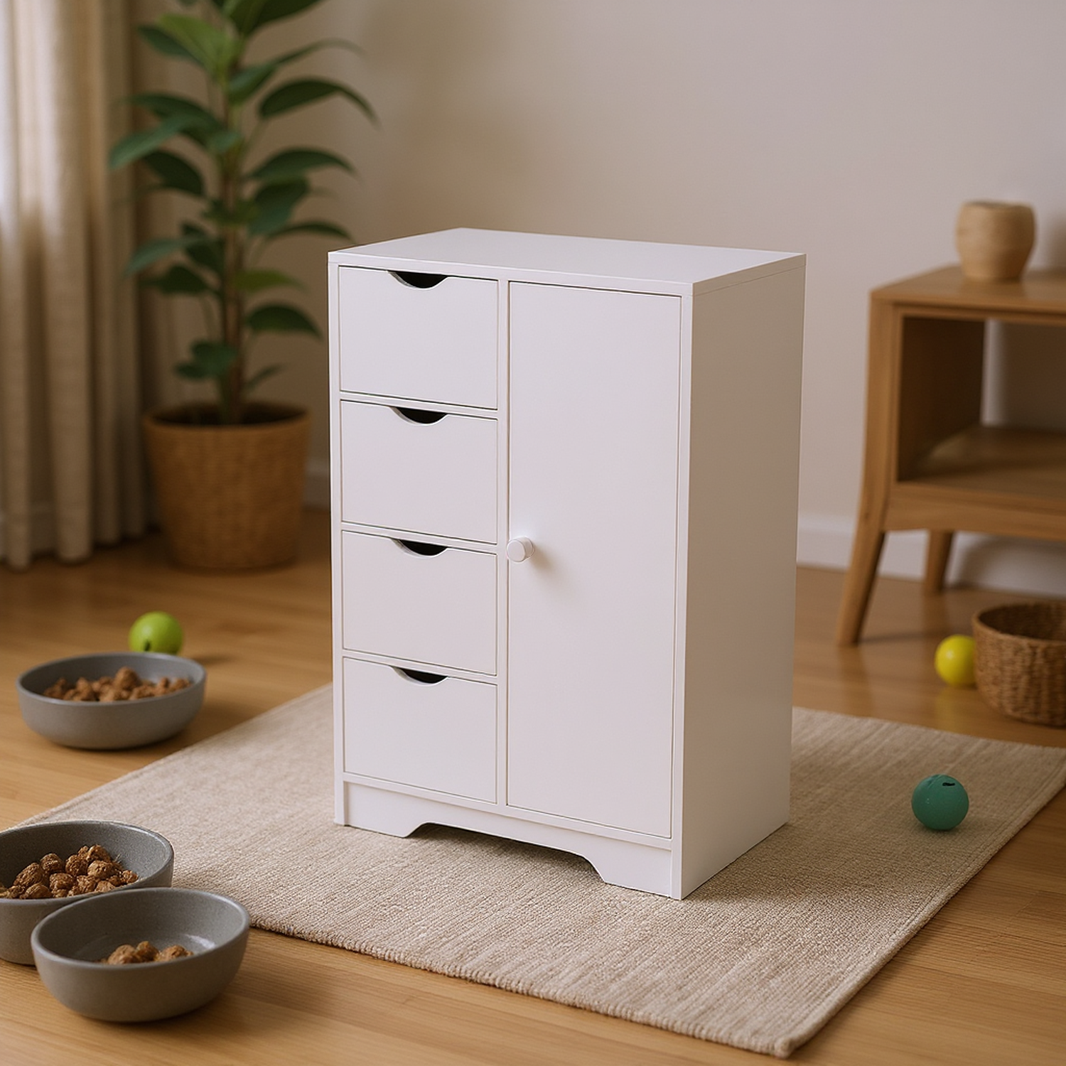 COLIN White Storage Cabinet, 32.2” Tall Floor Cabinet with 4 Drawers and Side Door, 21.8” W x 11.8” D, Small Bathroom or Bedroom Organizer