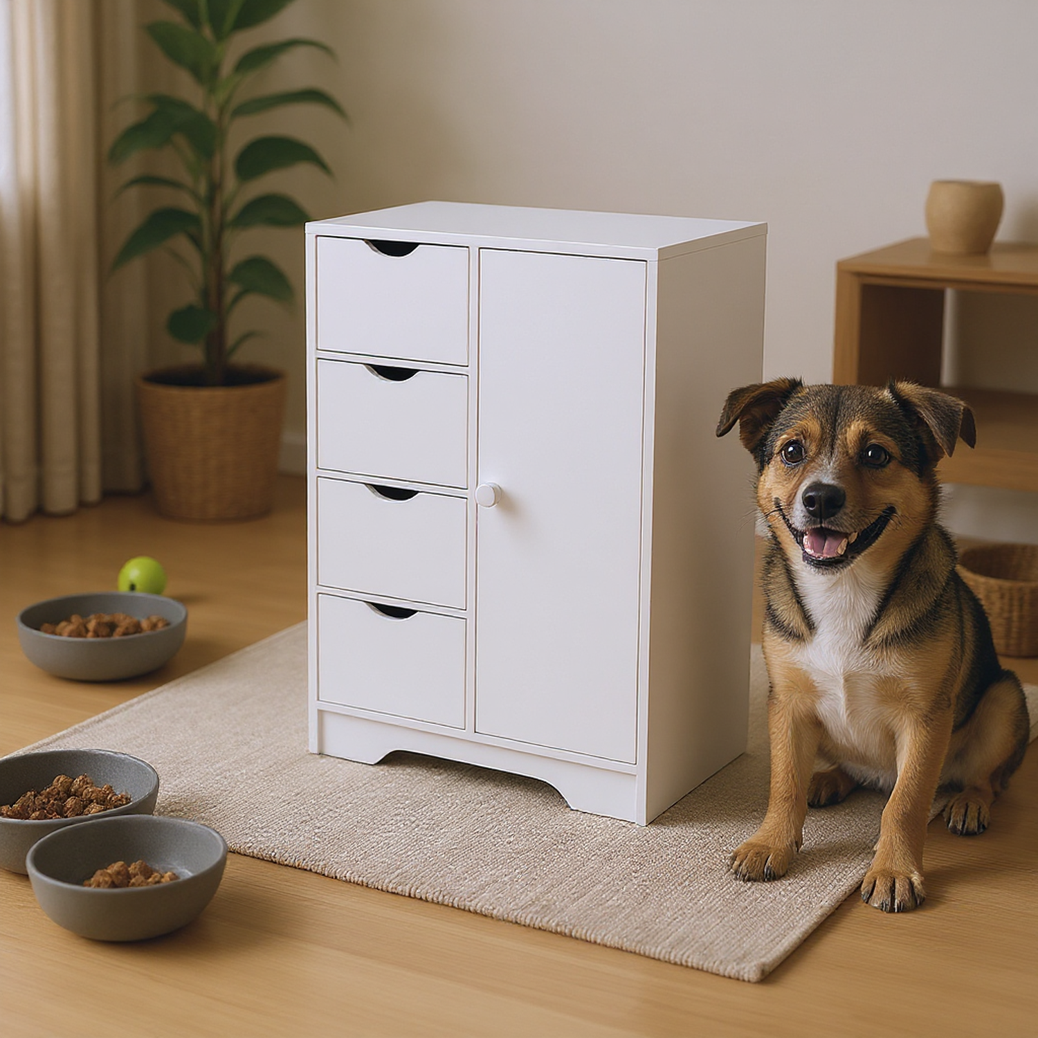 COLIN White Storage Cabinet, 32.2” Tall Floor Cabinet with 4 Drawers and Side Door, 21.8” W x 11.8” D, Small Bathroom or Bedroom Organizer