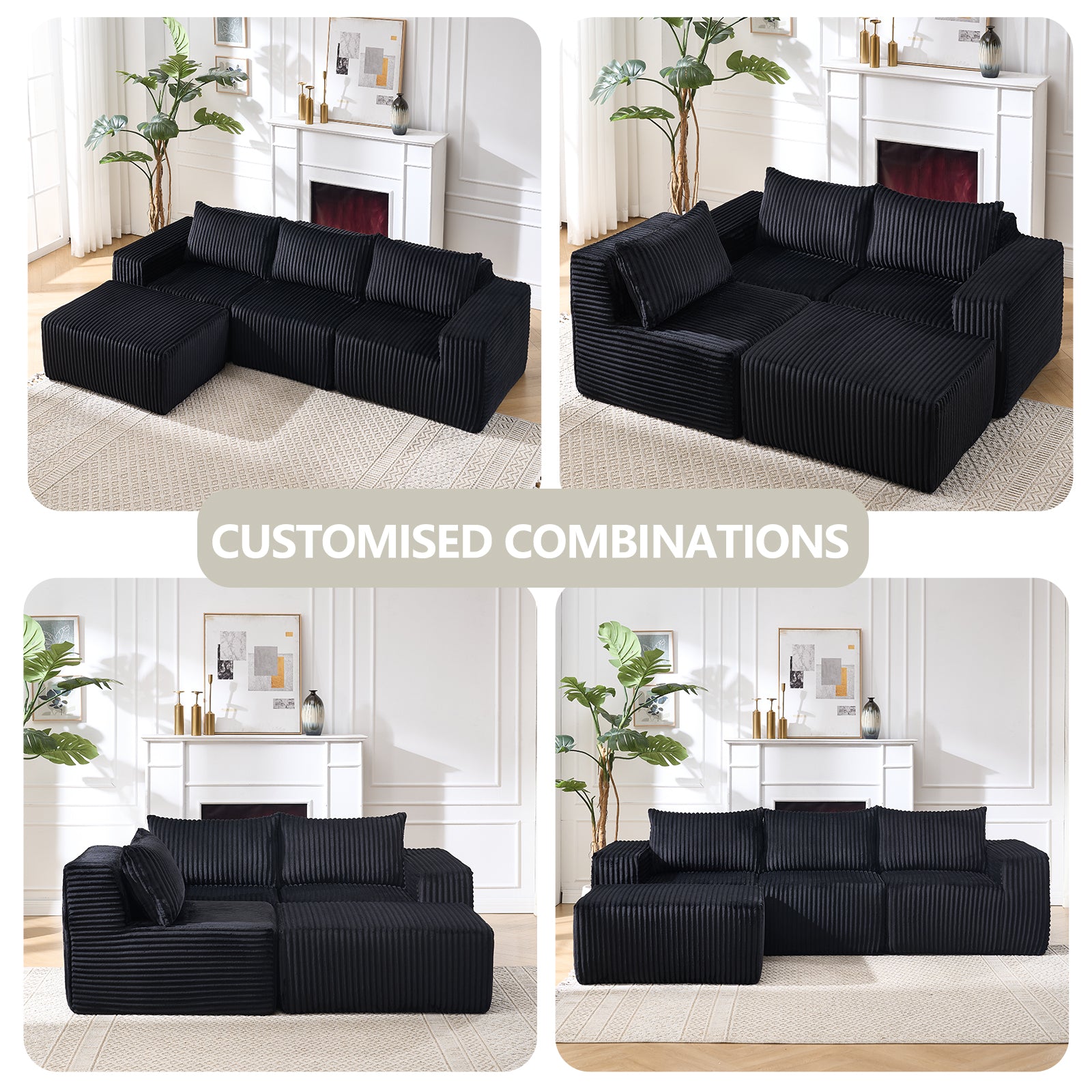 Omaha 101" Modern Corduroy L-Shaped Modular Sectional Sofa with Chaise, Black