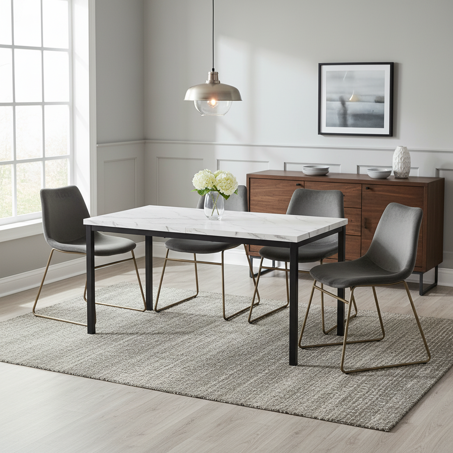 Cajon 5 Piece White Marble Dining Table Set with 4 Batassel Chairs
