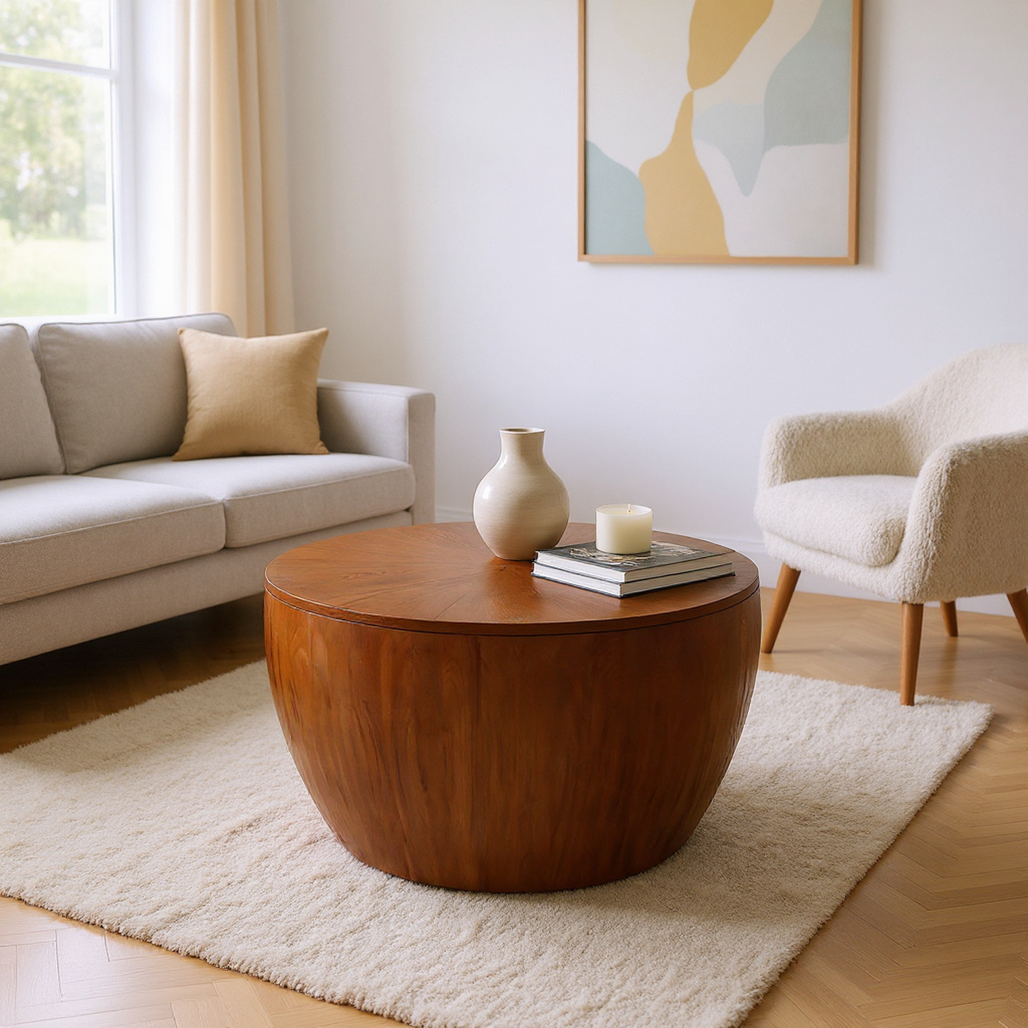 31.50"Vintage Style Bucket Shaped Coffee Table with storage function, for Office, Dining Room and Living Room