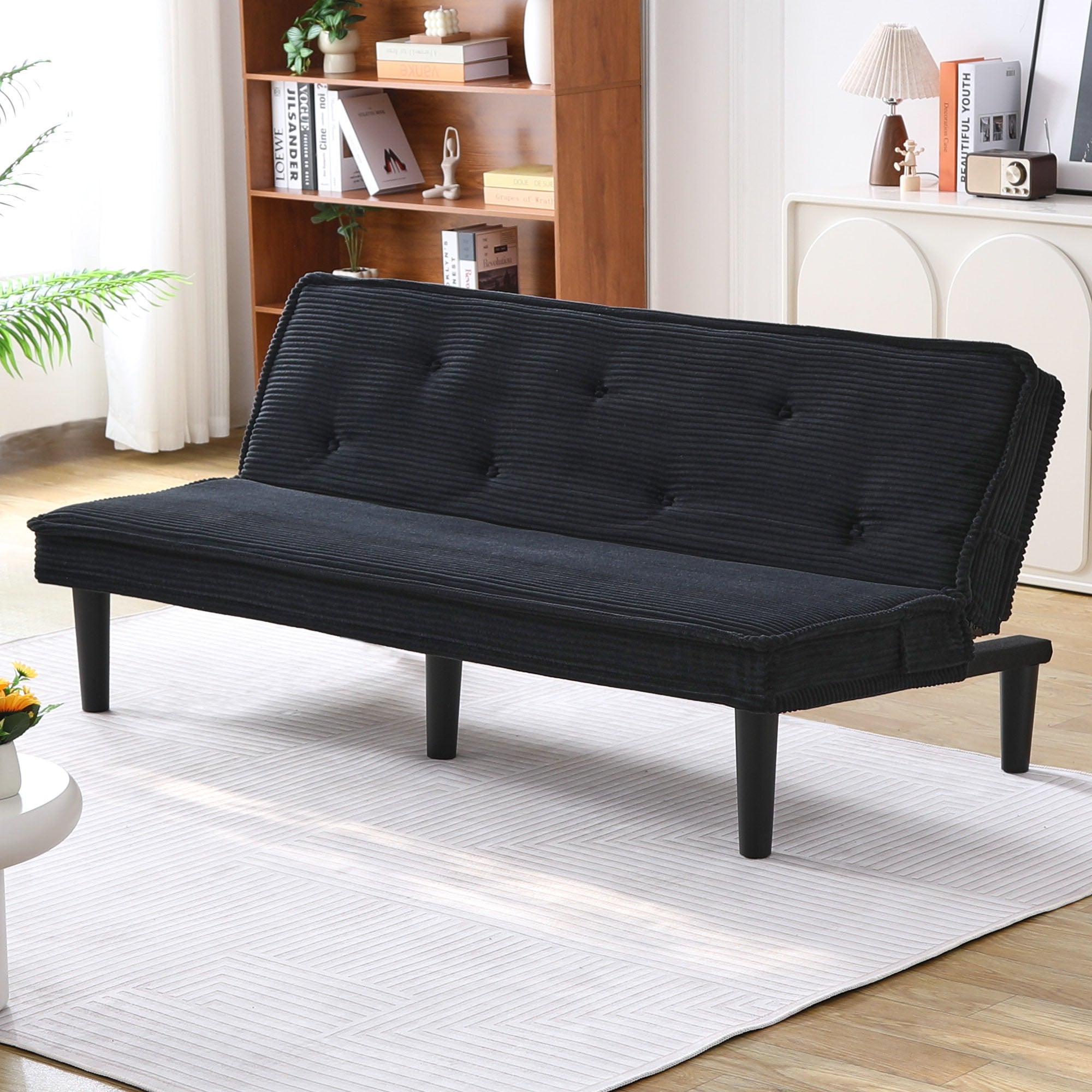 66'' Corduroy Convertible Sofa Bed, Modern Minimalist, Black, for Living Room/Bedroom