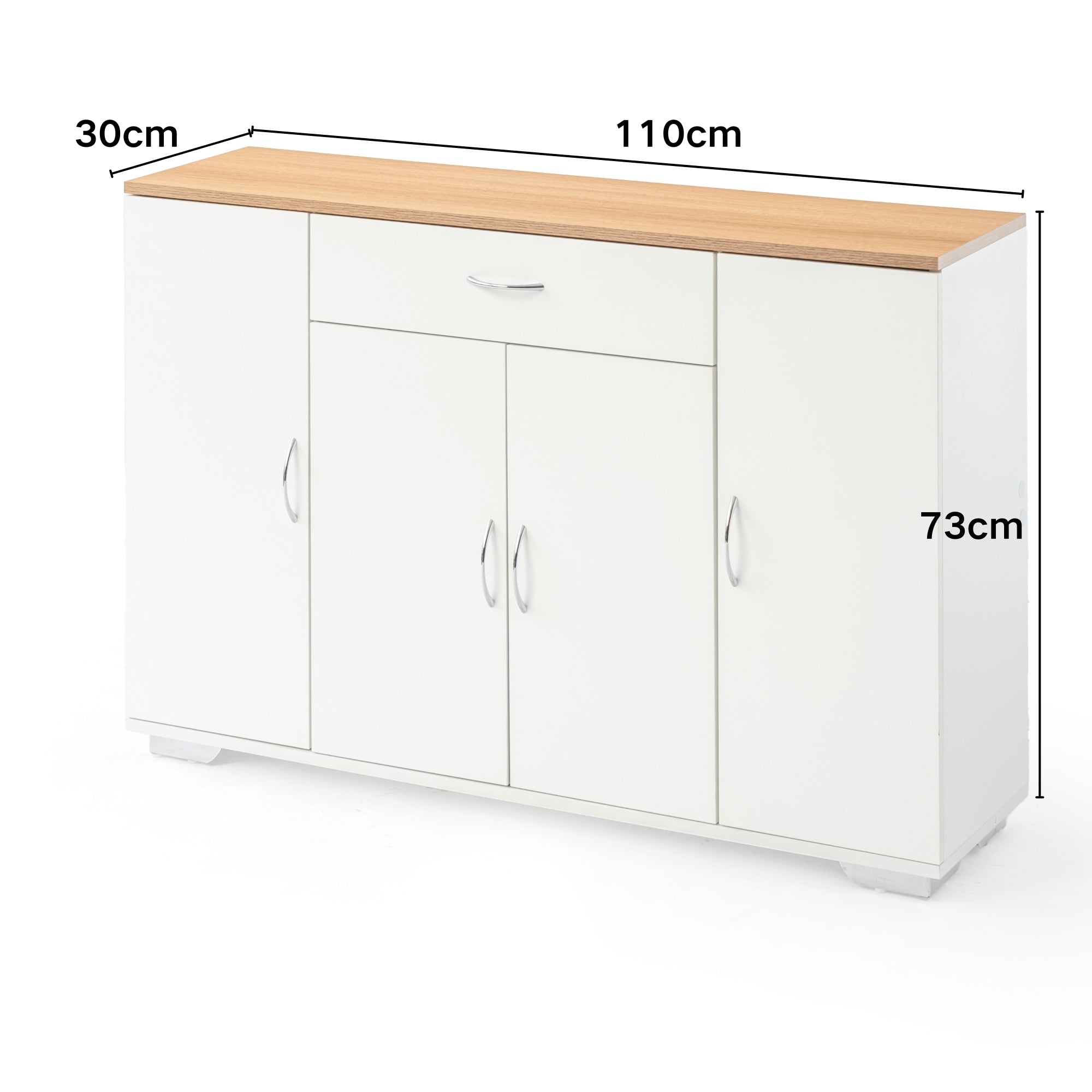 BAFFI White Sideboard Buffet Cabinet with Drawer and 4 Doors, Oak Look Top, Living Room Dining Storage
