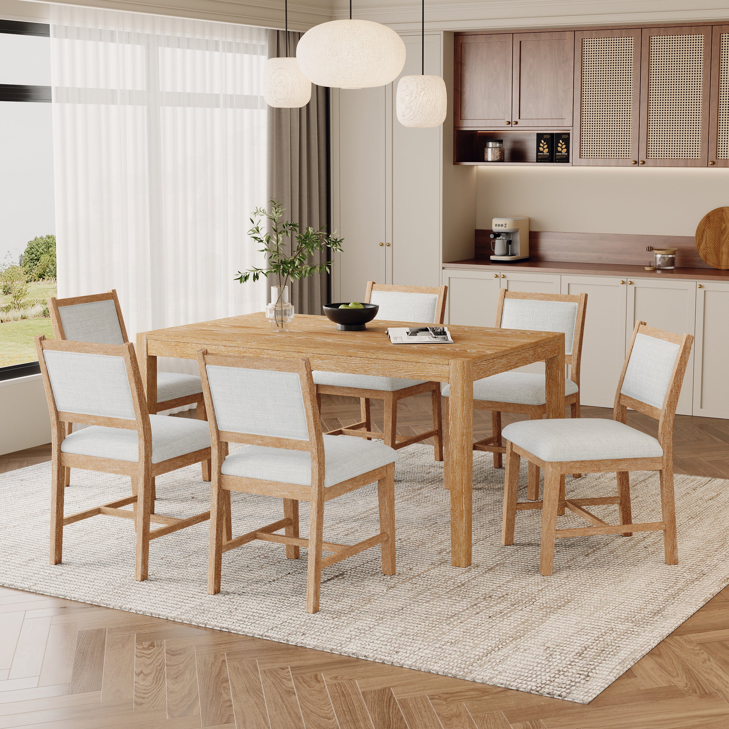 Elora 7 Piece Modern Wood Dining Table Set with Upholstered Chairs