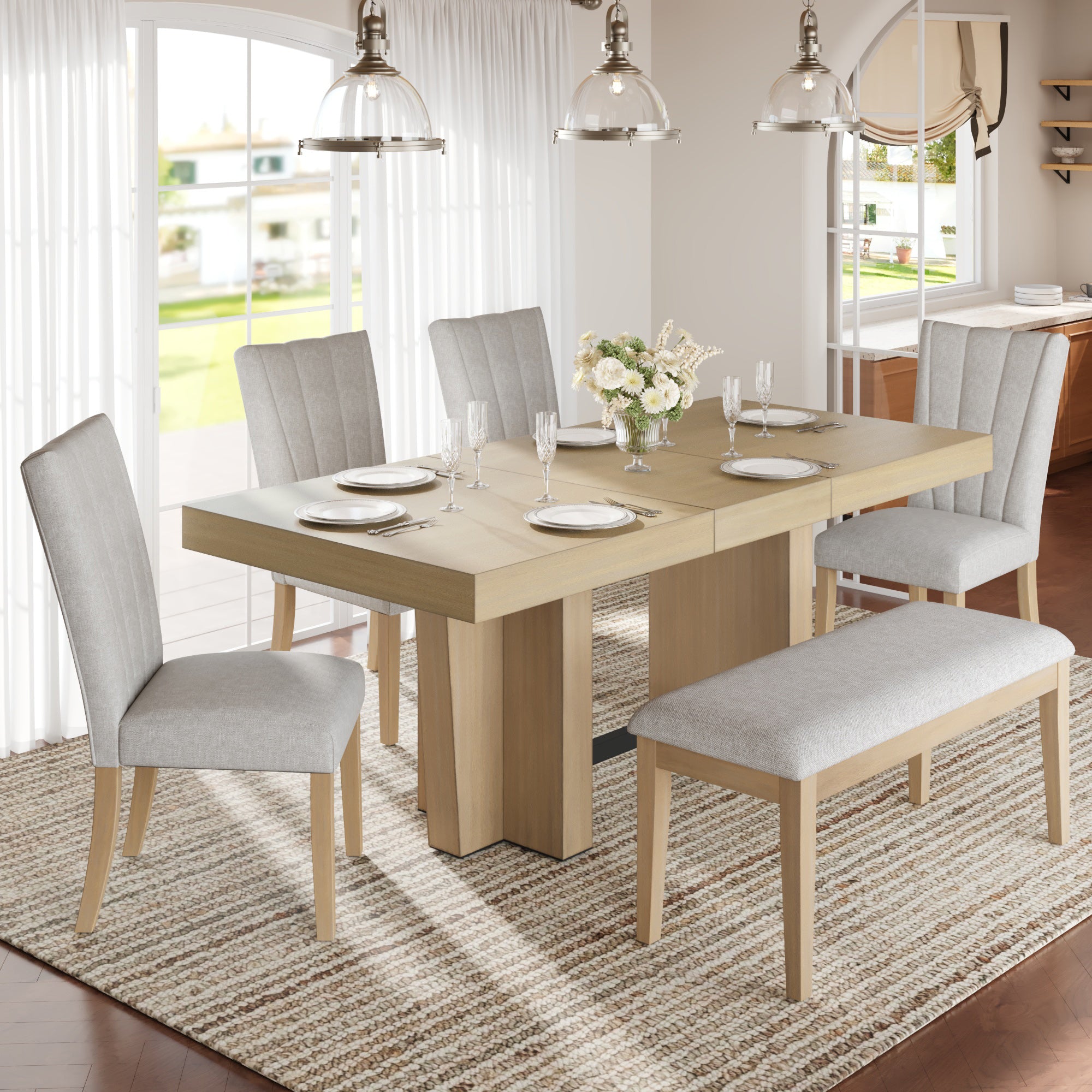 Batur 78" Farmhouse Wood Extendable Dining Table Set with Bench