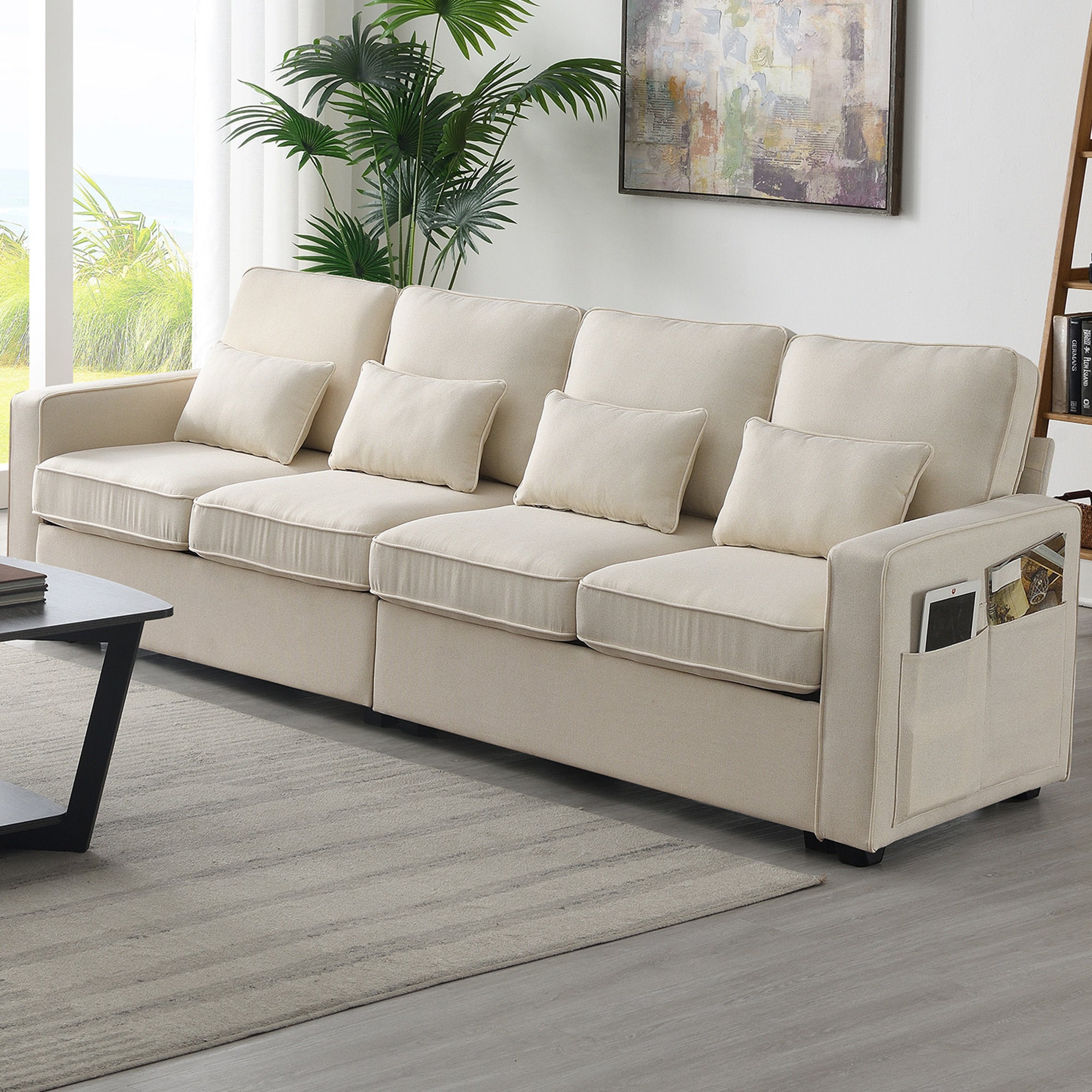 104' 4-Seater Modern Linen Fabric Sofa with Armrest Pockets and 4 Pillows,Minimalist Style Couch for Living Room, Apartment, Office,3 Colors
