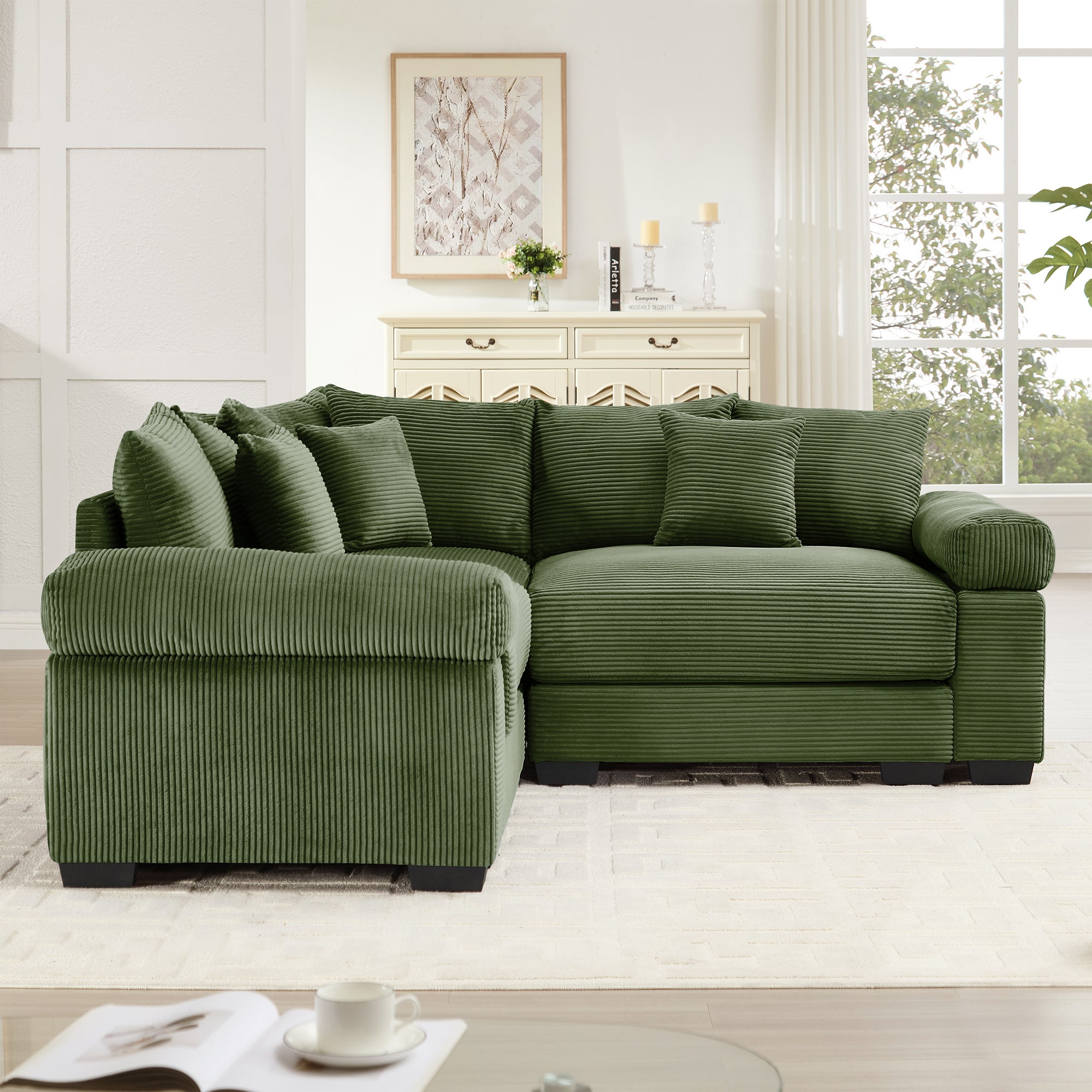 Albany 79" 3 Pieces Corduroy Modular Corner Sectional Sofa with Ottoman, Green