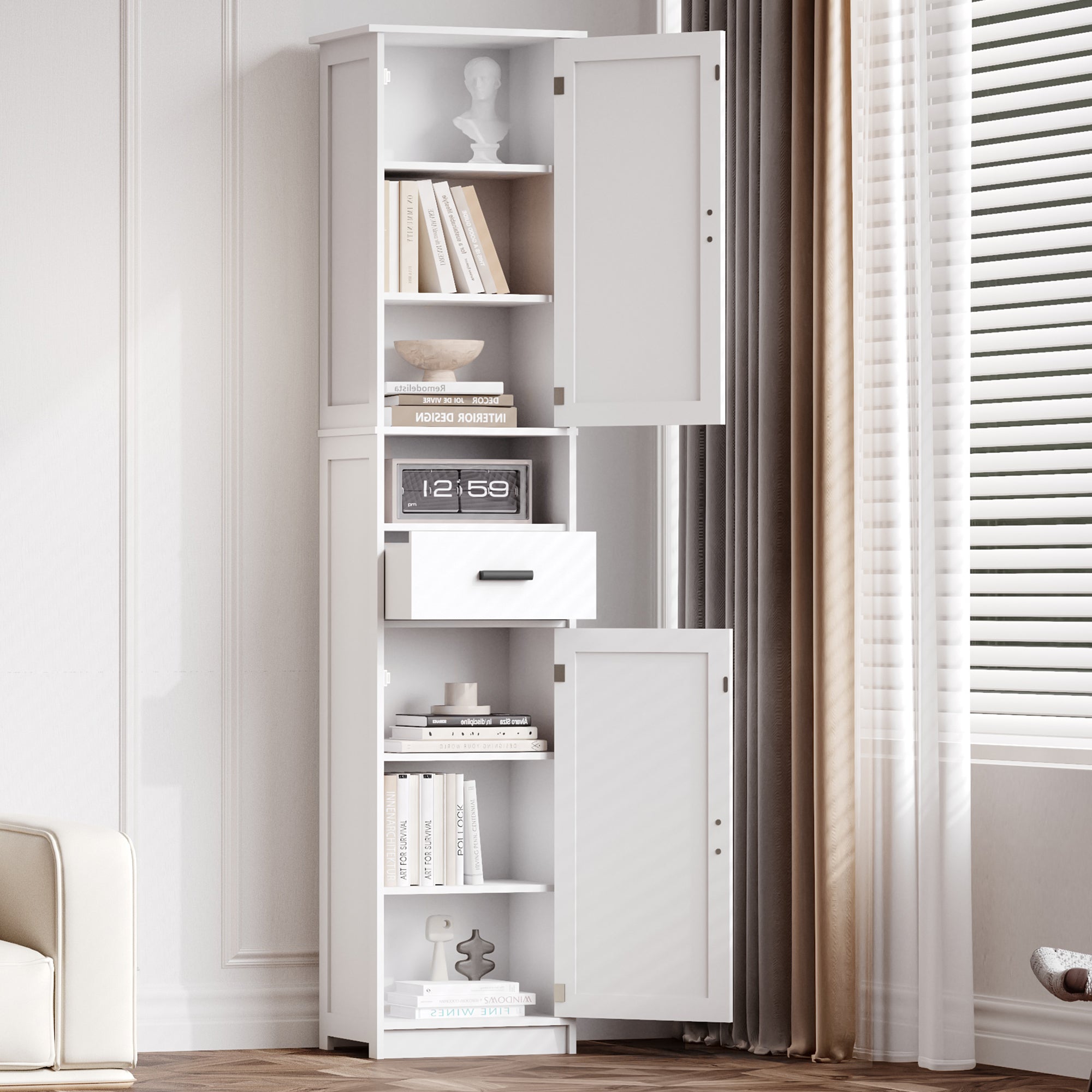 69' H Tall Bathroom Storage Cabinet with 2 Barn Doors and 1 Drawer, Narrow Storage Unit, Adjustable Shelves,Floor Cabinet for Bathroom, Living Room, Entryway,Kitchen,(White)