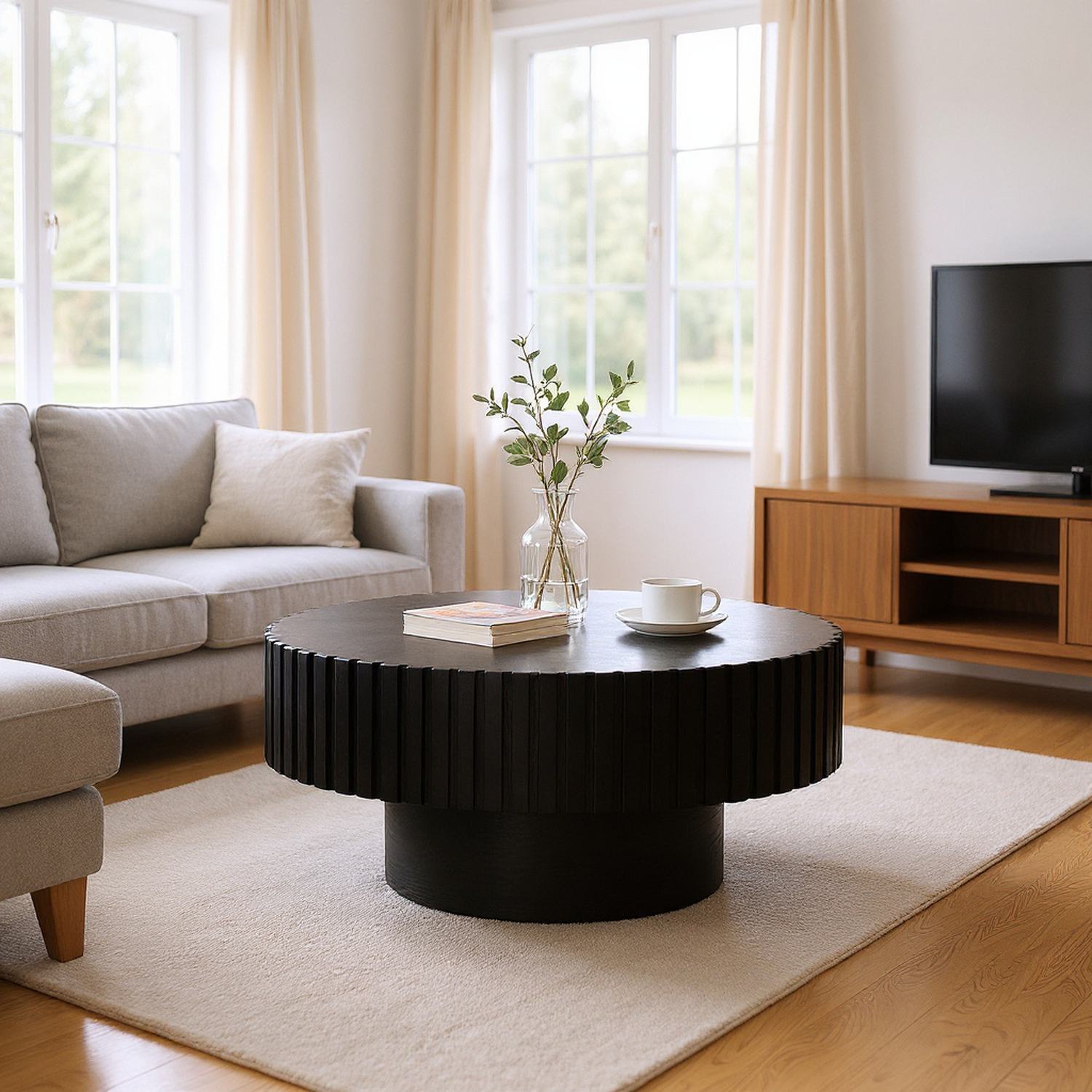 Round Coffee Table Handcrafted Relief Sturdy Pedestal Wooden Olive-Shaped Tea Table for Living Room