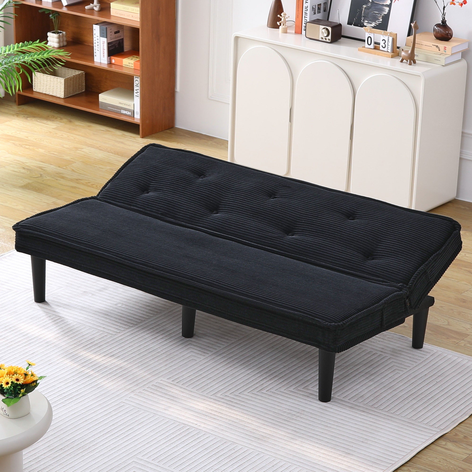 66'' Corduroy Convertible Sofa Bed, Modern Minimalist, Black, for Living Room/Bedroom