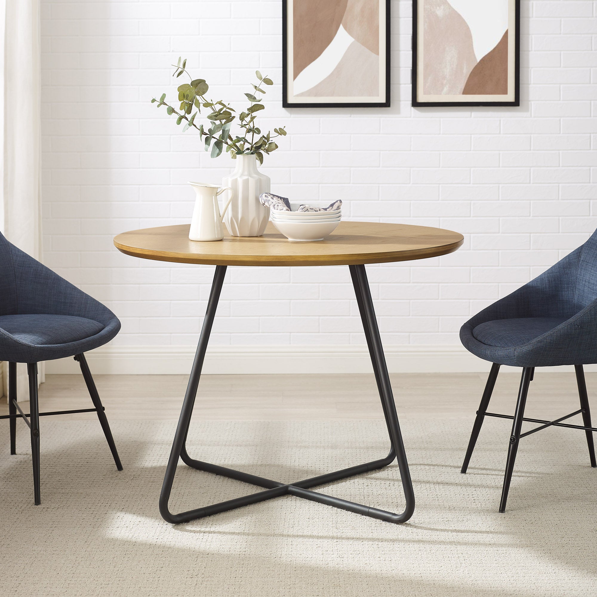 Modern Metal and Wood Curved X-Base Round Dining Table – English Ash