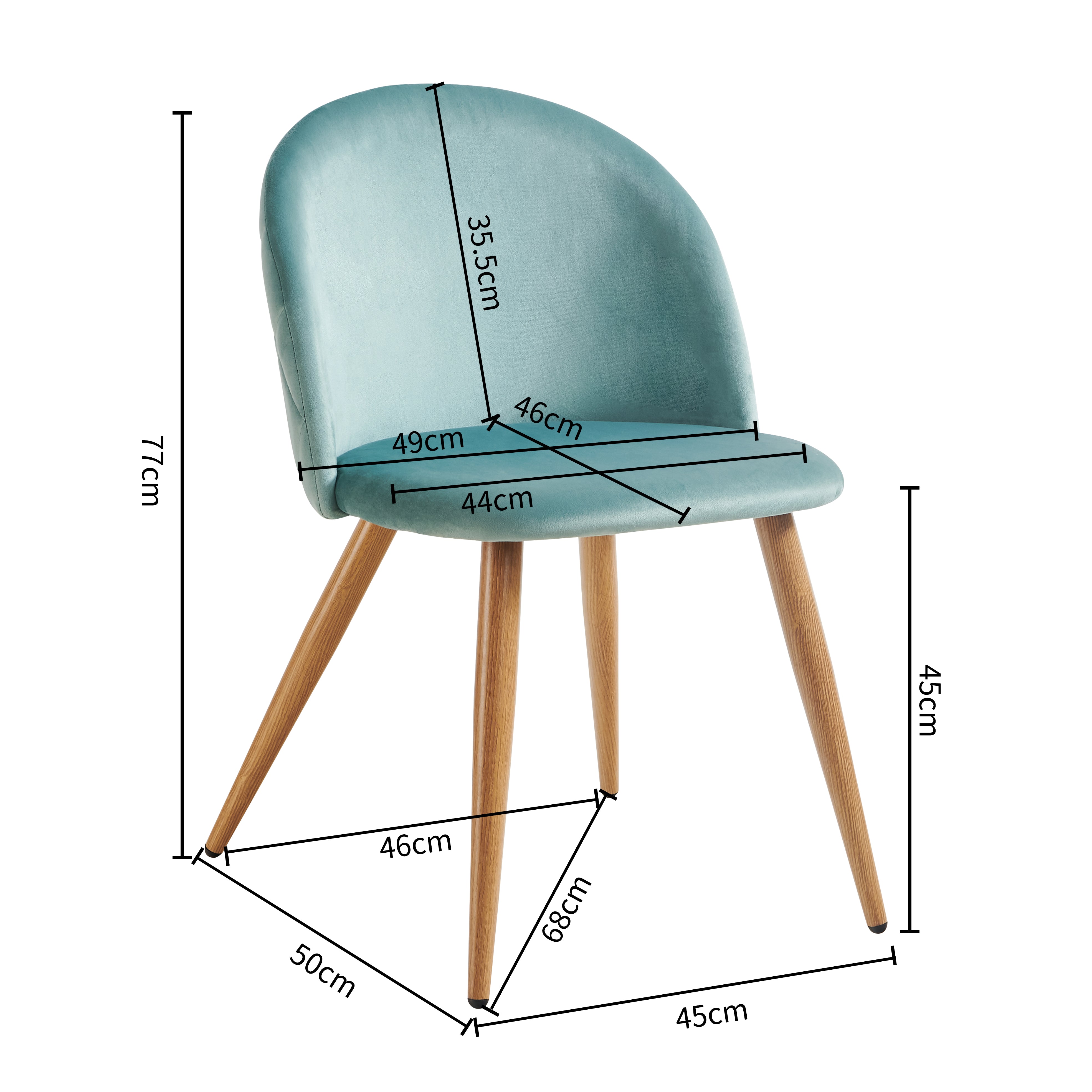 ZOMBA Velvet Dining Chairs Set of 2 Modern Round Back Upholstered Kitchen Chairs Wood Look Metal Legs Teal