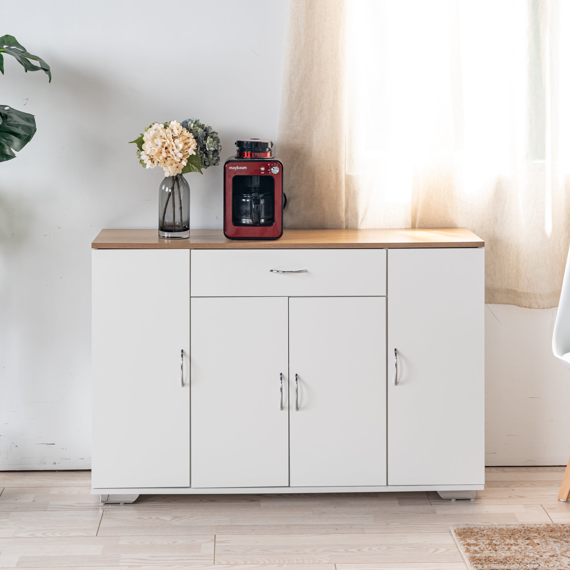 BAFFI White Sideboard Buffet Cabinet with Drawer and 4 Doors, Oak Look Top, Living Room Dining Storage