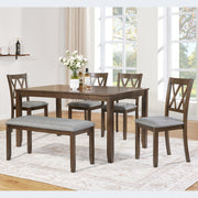 Balaton 6 Pieces 58.5" Rectangular Wood Dining Table Set with 4 Upholstered Chairs and Bench, Walnut
