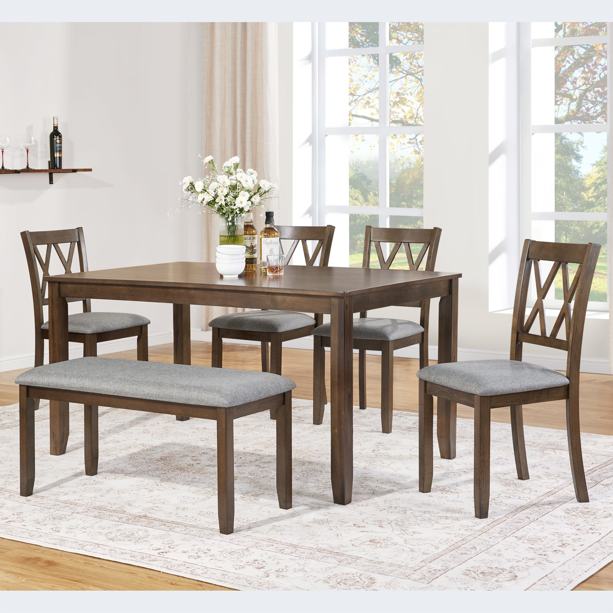 Balaton 6 Pieces 58.5" Rectangular Wood Dining Table Set with 4 Upholstered Chairs and Bench, Walnut