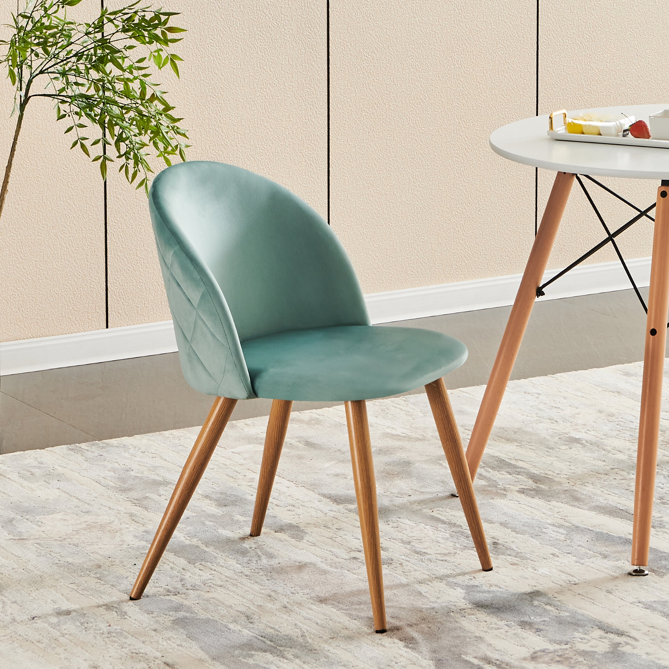 ZOMBA Velvet Dining Chairs Set of 2 Modern Round Back Upholstered Kitchen Chairs Wood Look Metal Legs Teal