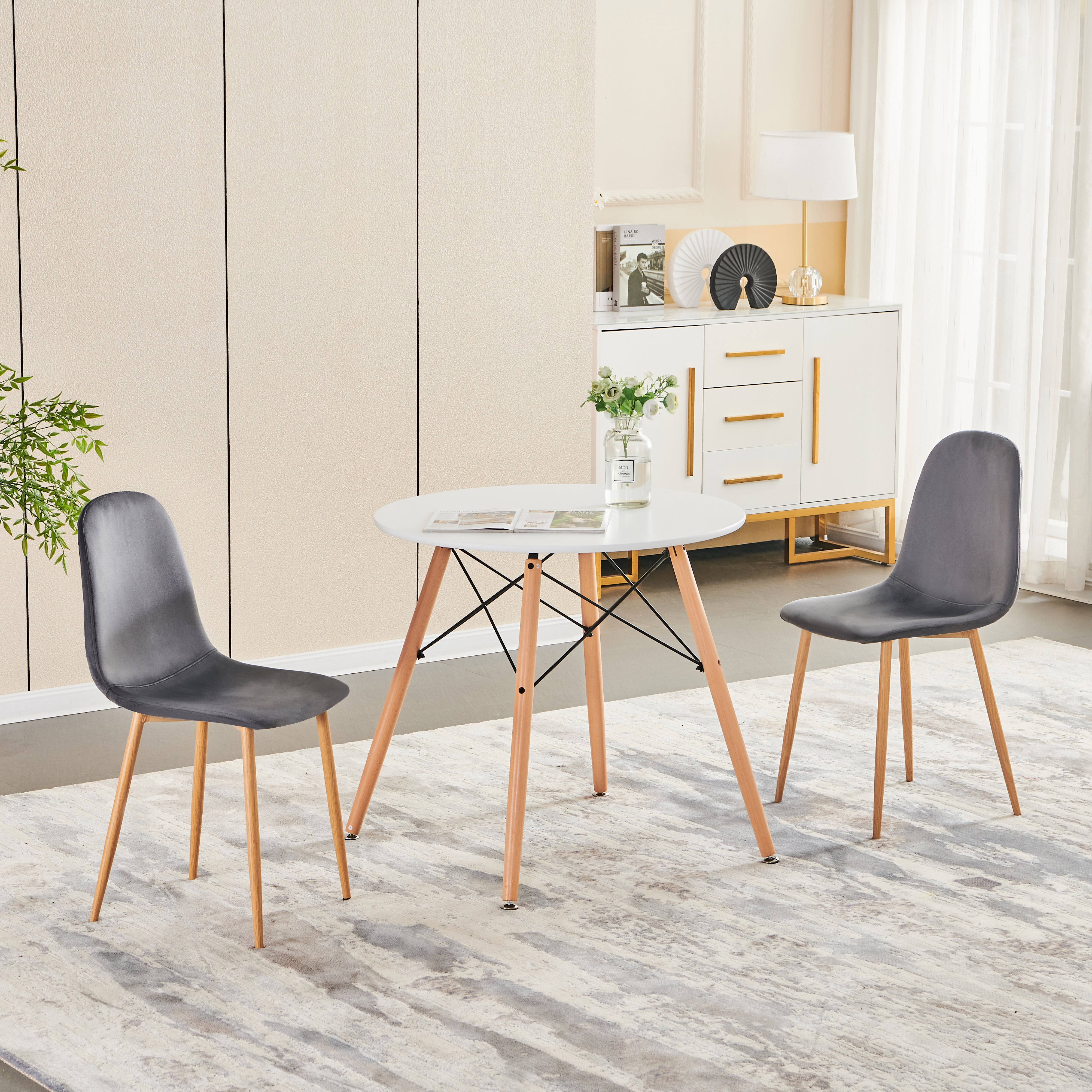 CHARLTON Set of 4 Velvet Dining Chairs, Curved Back with Wood-Look Metal Legs, Dark Gray Upholstery, Easy Assembly