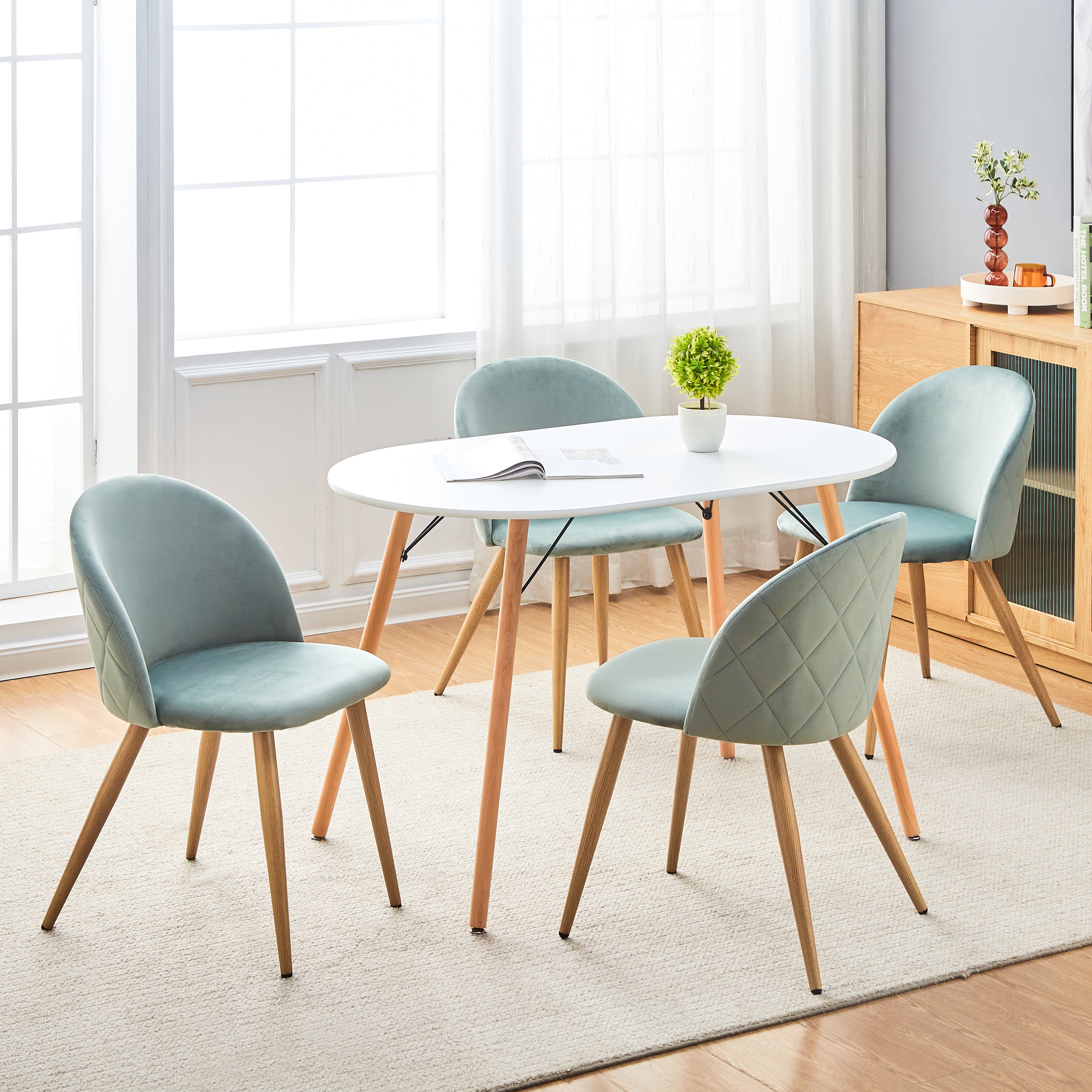 ZOMBA Velvet Dining Chairs Set of 2 Modern Round Back Upholstered Kitchen Chairs Wood Look Metal Legs Teal