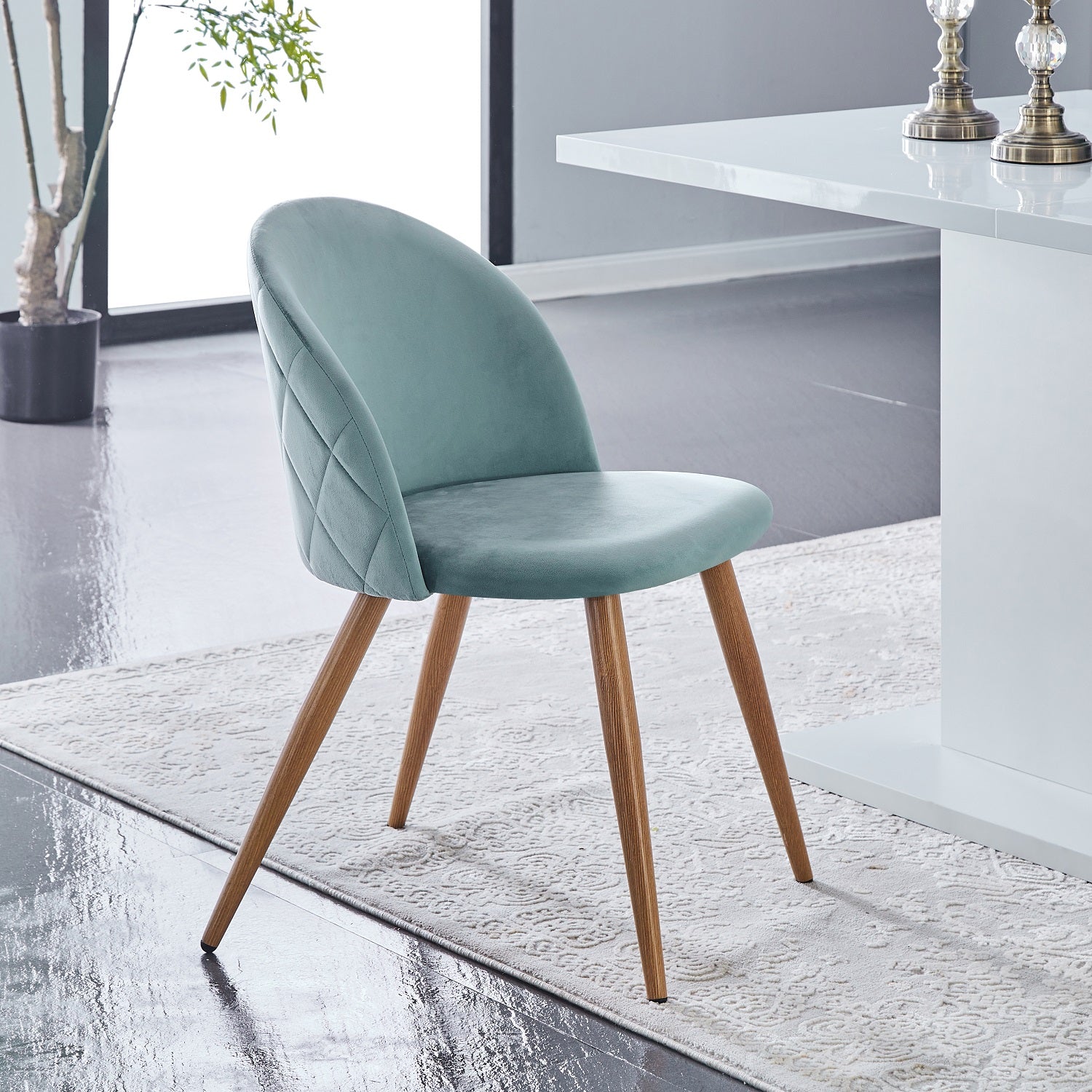 ZOMBA Velvet Dining Chairs Set of 2 Modern Round Back Upholstered Kitchen Chairs Wood Look Metal Legs Teal