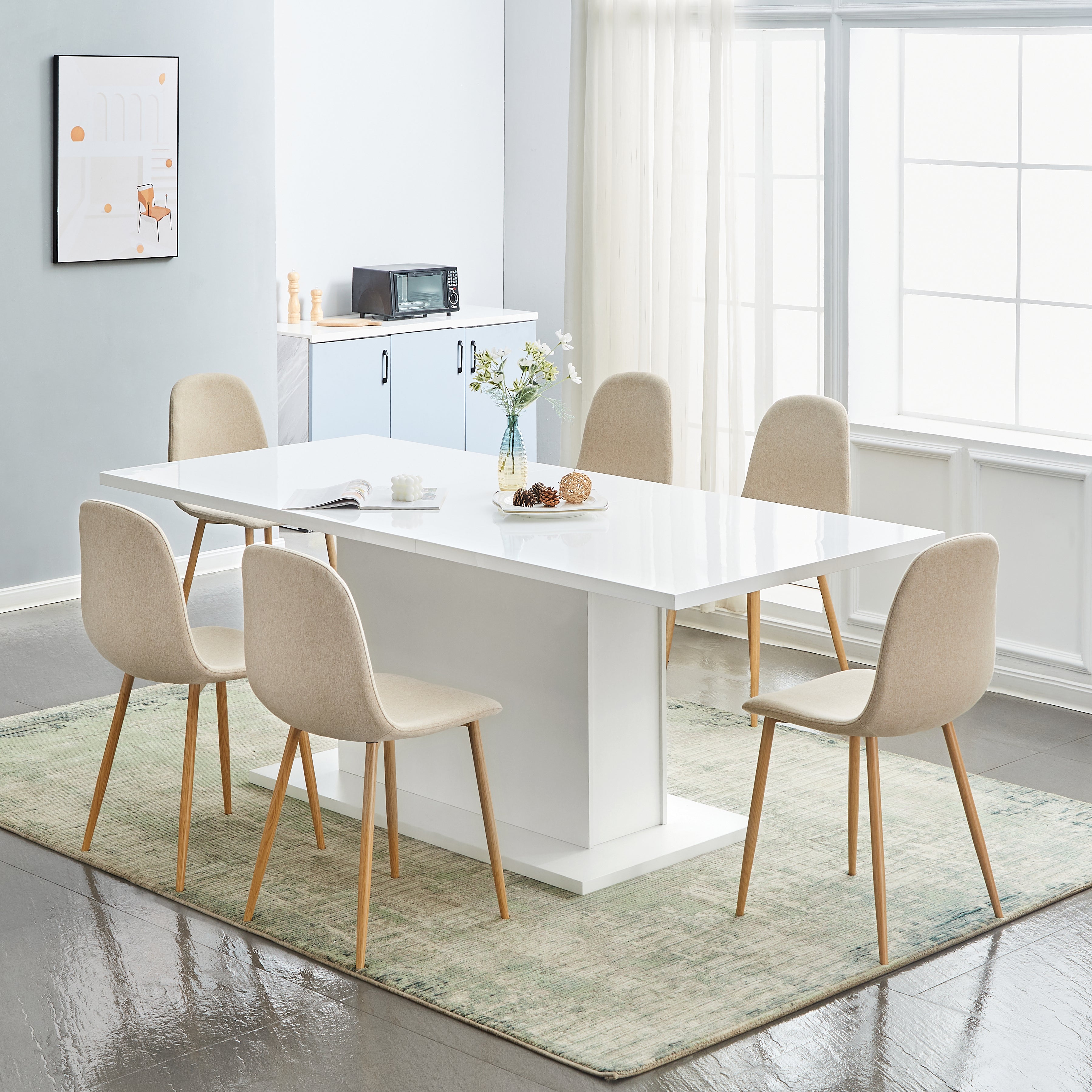 CHARLTON Set of 4 Modern Dining Chairs, Curved Fabric Seats with Wood-Look Metal Legs, Beige Upholstery, Easy Assembly