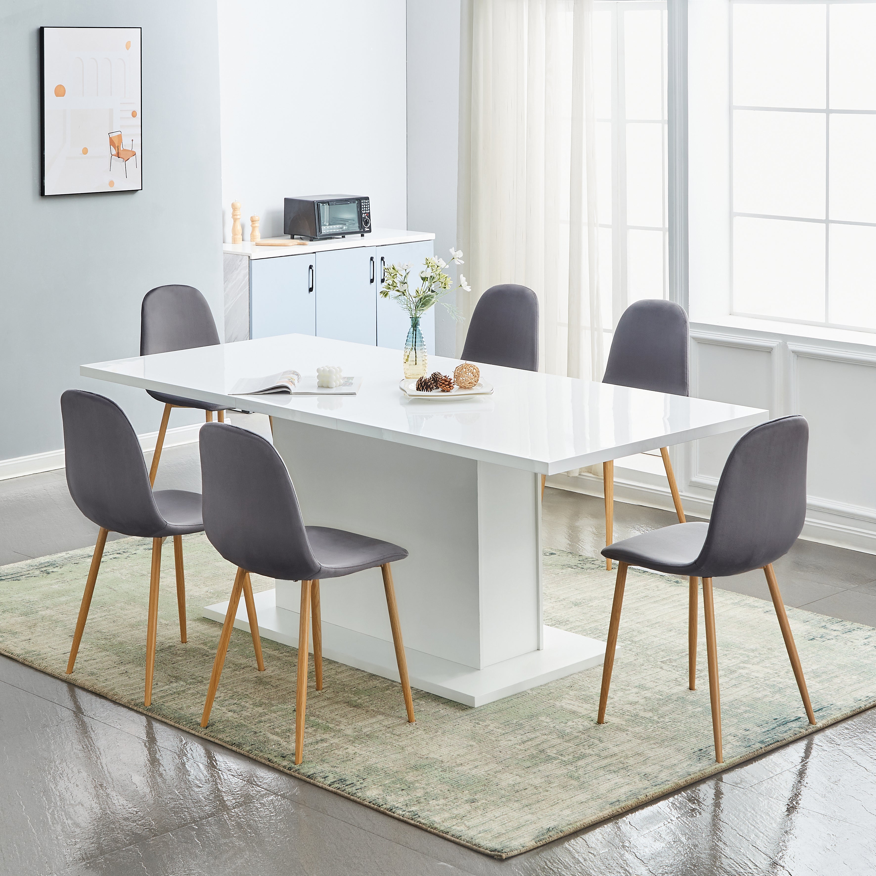 CHARLTON Set of 4 Velvet Dining Chairs, Curved Back with Wood-Look Metal Legs, Dark Gray Upholstery, Easy Assembly