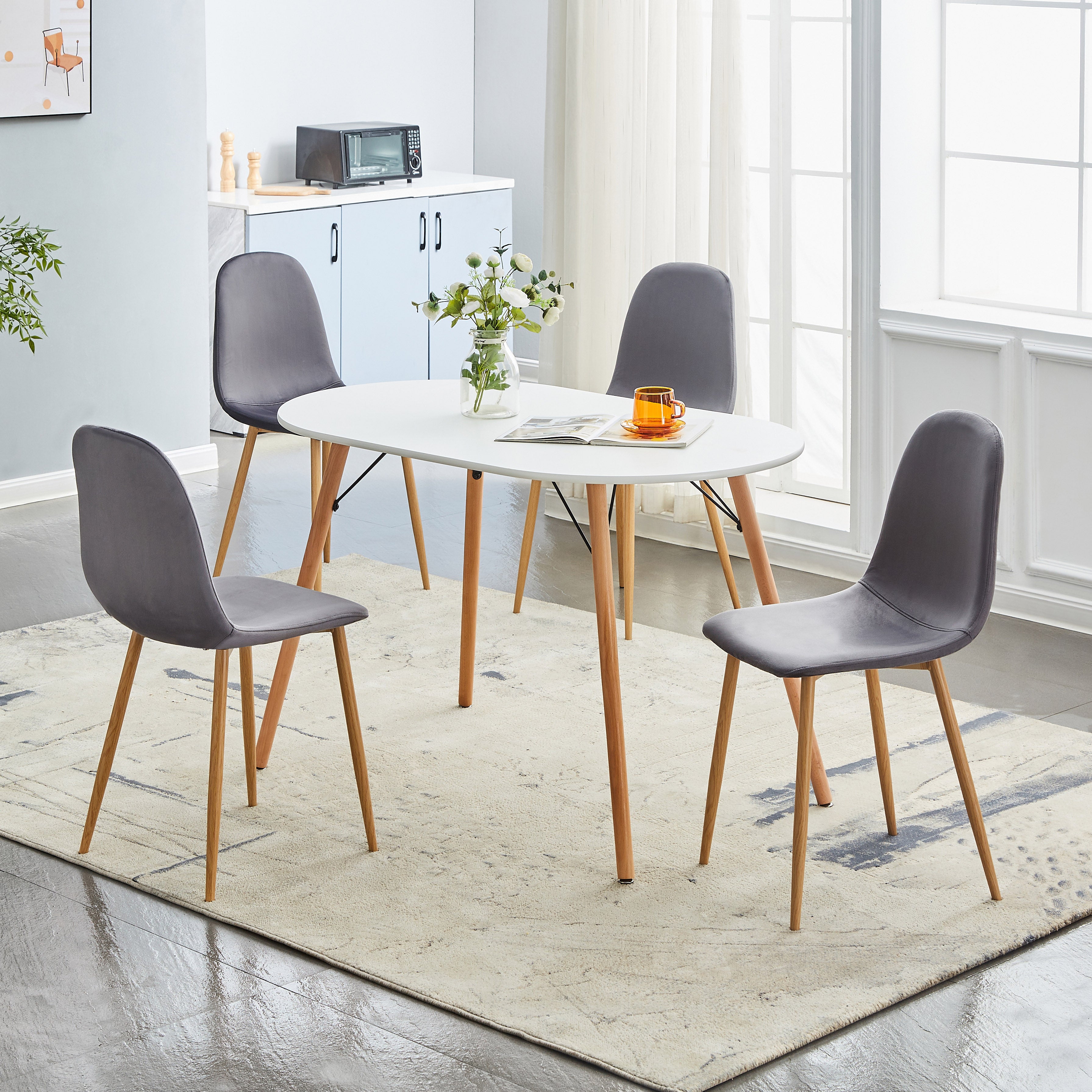 CHARLTON Set of 4 Velvet Dining Chairs, Curved Back with Wood-Look Metal Legs, Dark Gray Upholstery, Easy Assembly