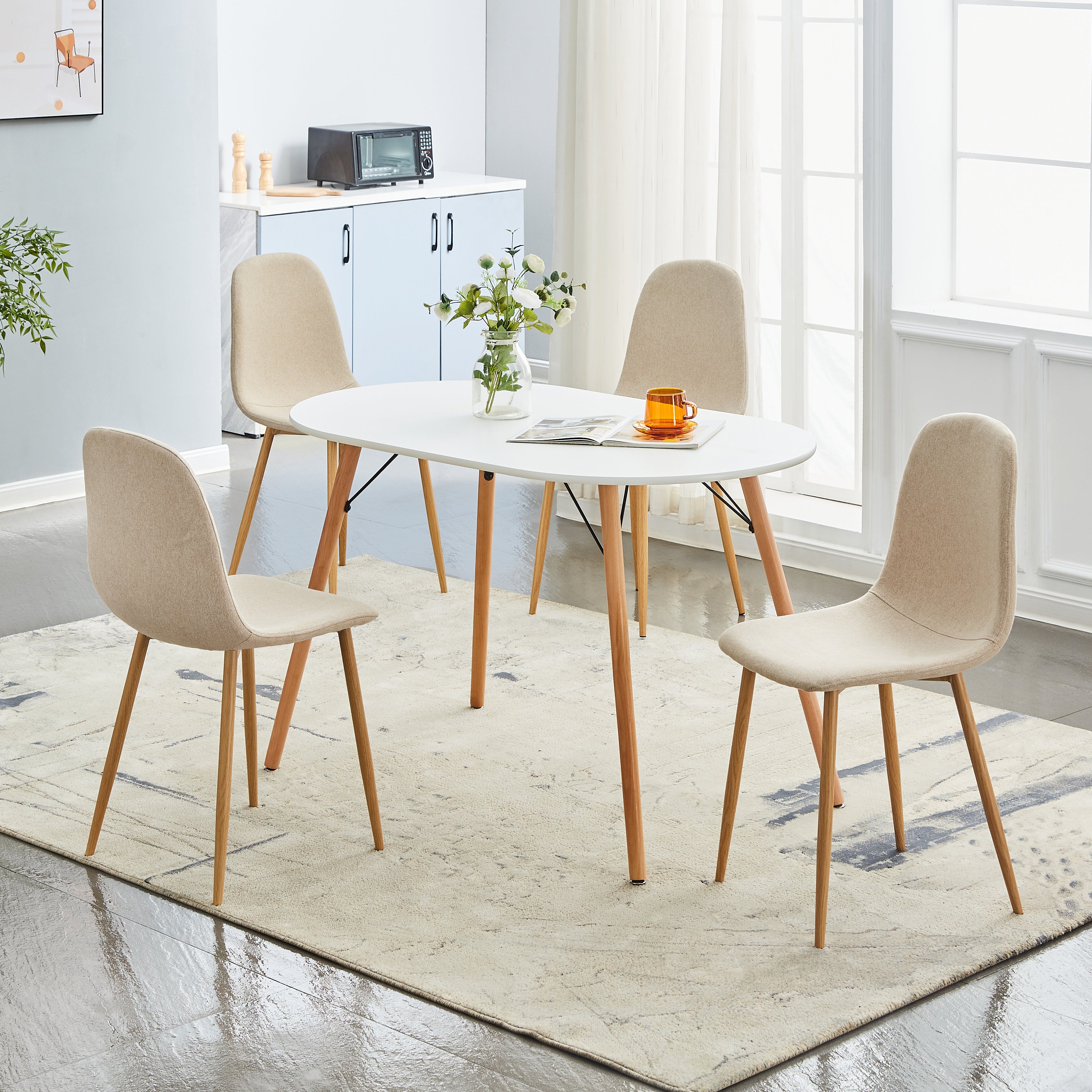 CHARLTON Set of 4 Modern Dining Chairs, Curved Fabric Seats with Wood-Look Metal Legs, Beige Upholstery, Easy Assembly