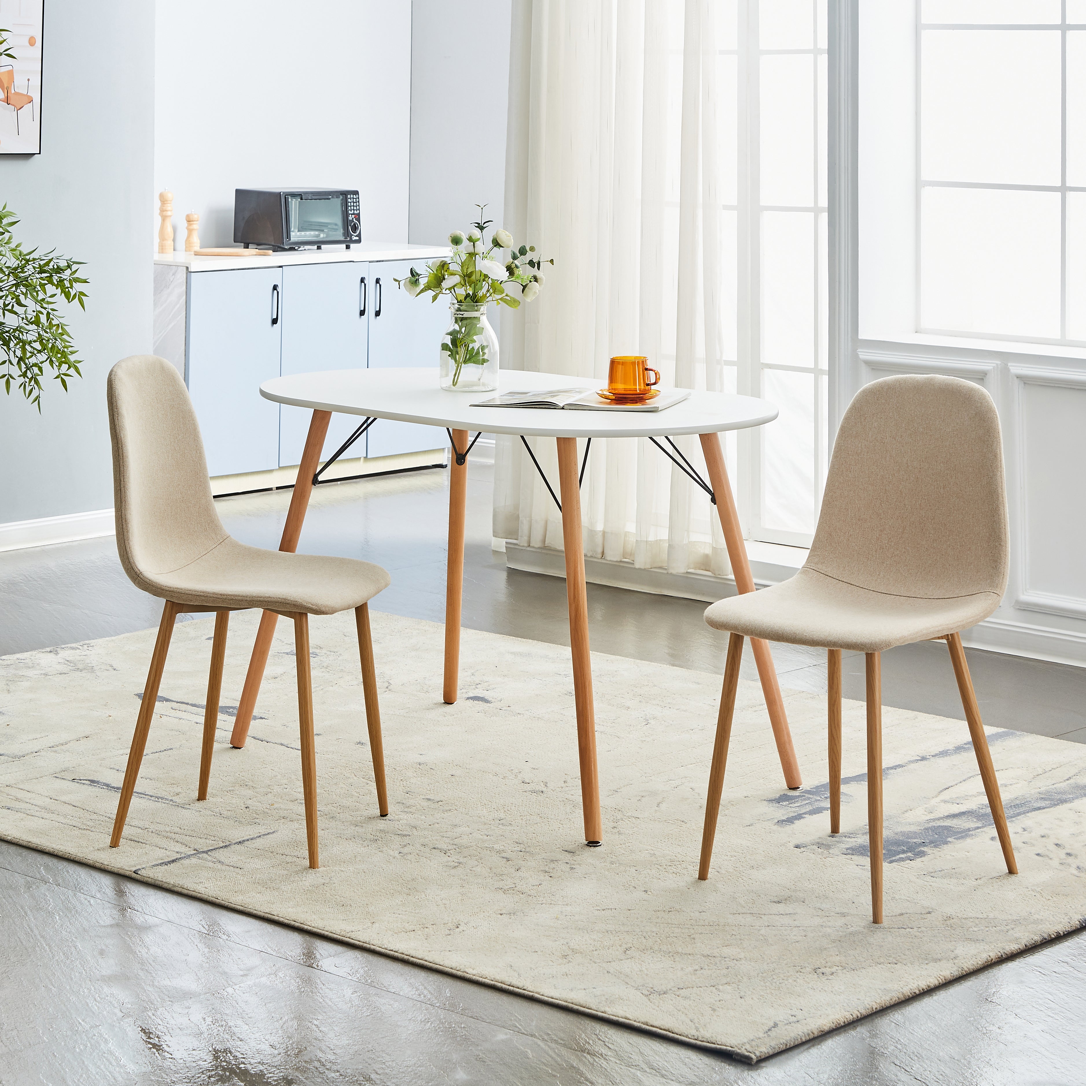 CHARLTON Set of 4 Modern Dining Chairs, Curved Fabric Seats with Wood-Look Metal Legs, Beige Upholstery, Easy Assembly