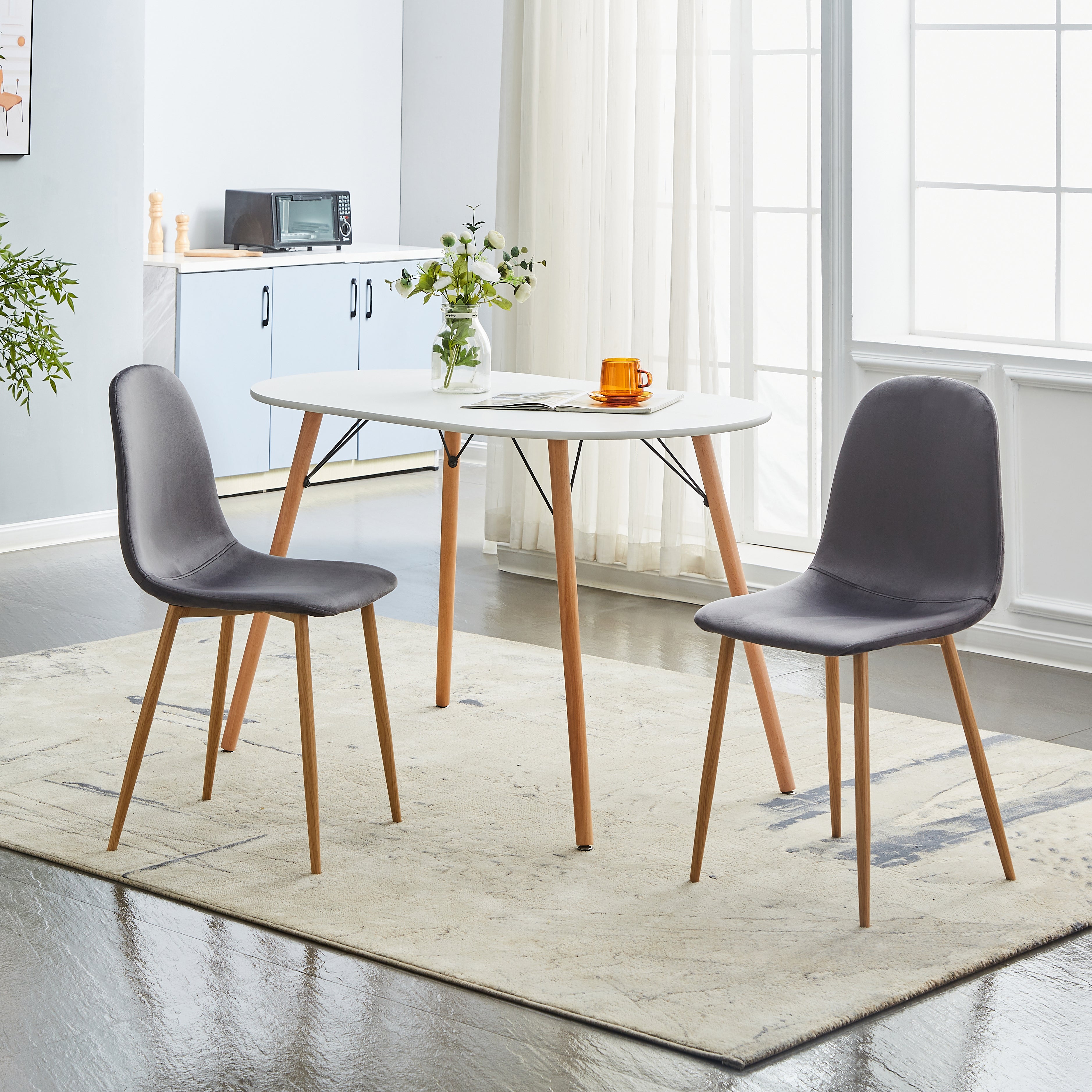 CHARLTON Set of 4 Velvet Dining Chairs, Curved Back with Wood-Look Metal Legs, Dark Gray Upholstery, Easy Assembly