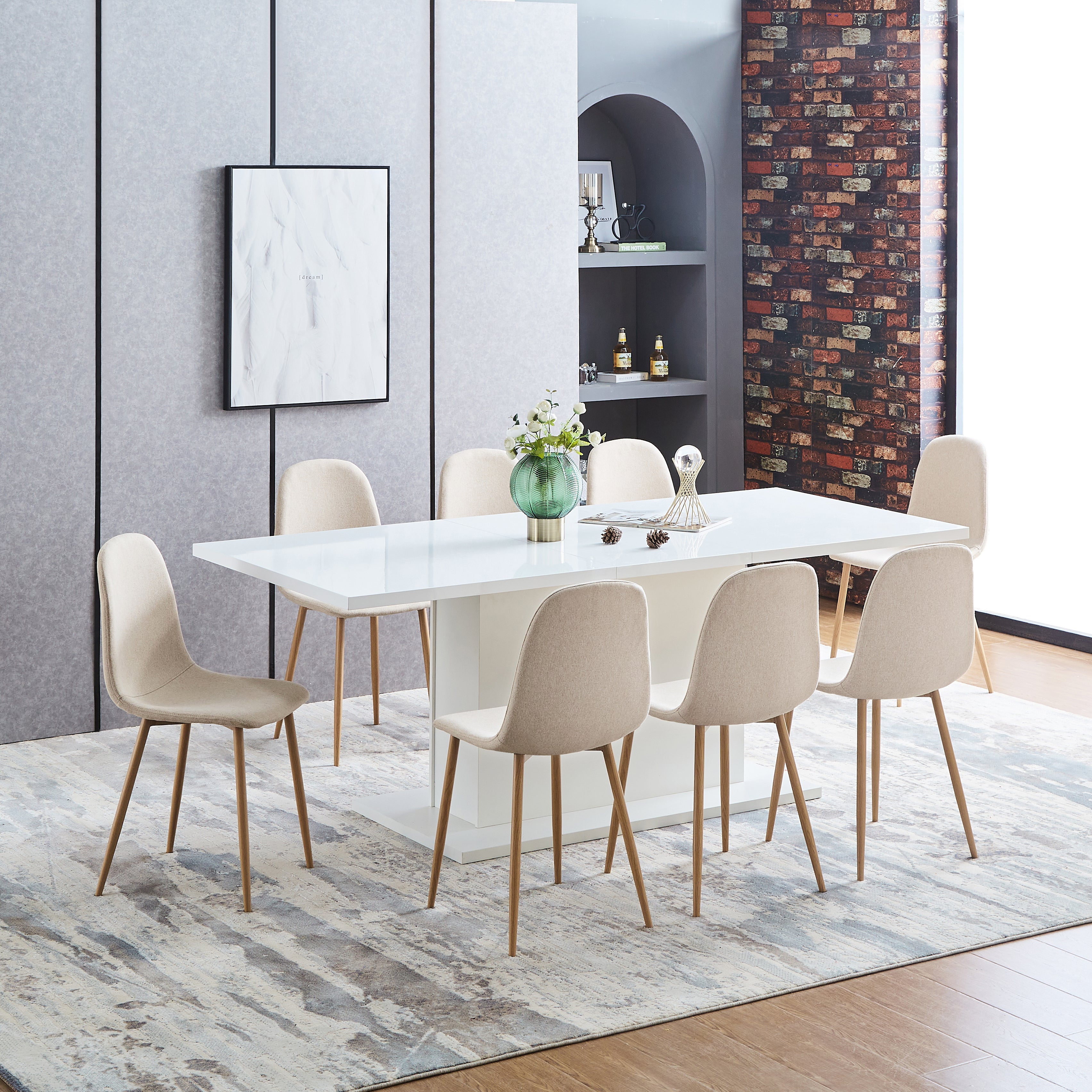 CHARLTON Set of 4 Modern Dining Chairs, Curved Fabric Seats with Wood-Look Metal Legs, Beige Upholstery, Easy Assembly