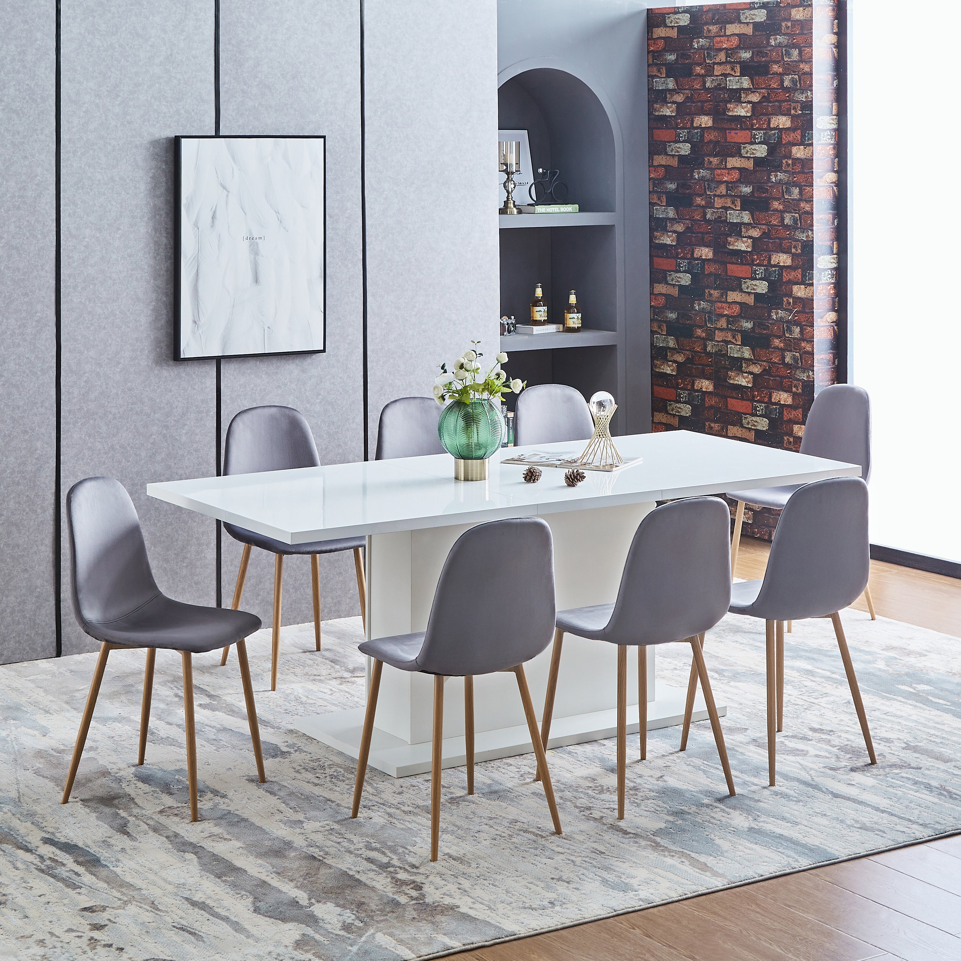 CHARLTON Set of 4 Velvet Dining Chairs, Curved Back with Wood-Look Metal Legs, Dark Gray Upholstery, Easy Assembly