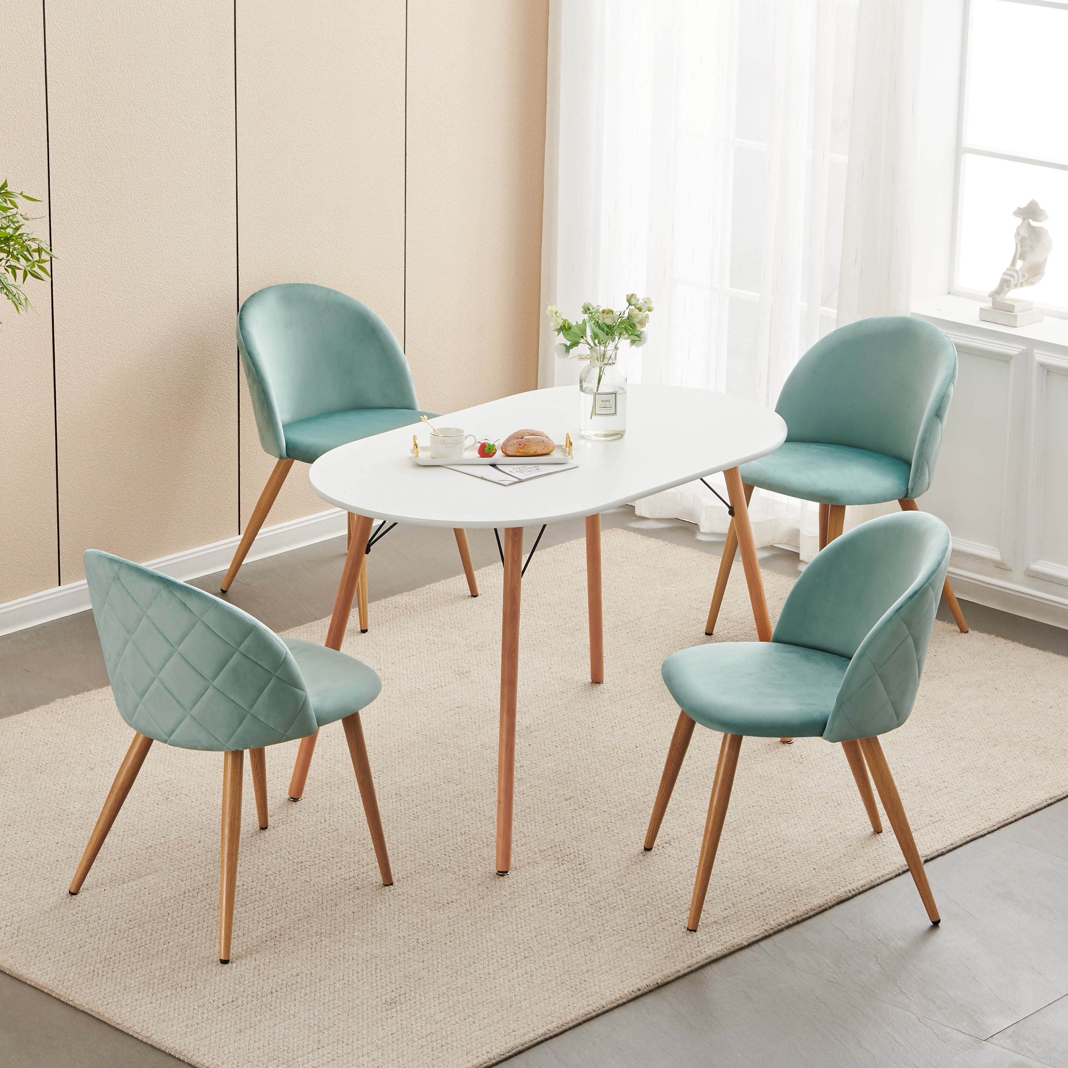 ZOMBA Velvet Dining Chairs Set of 2 Modern Round Back Upholstered Kitchen Chairs Wood Look Metal Legs Teal