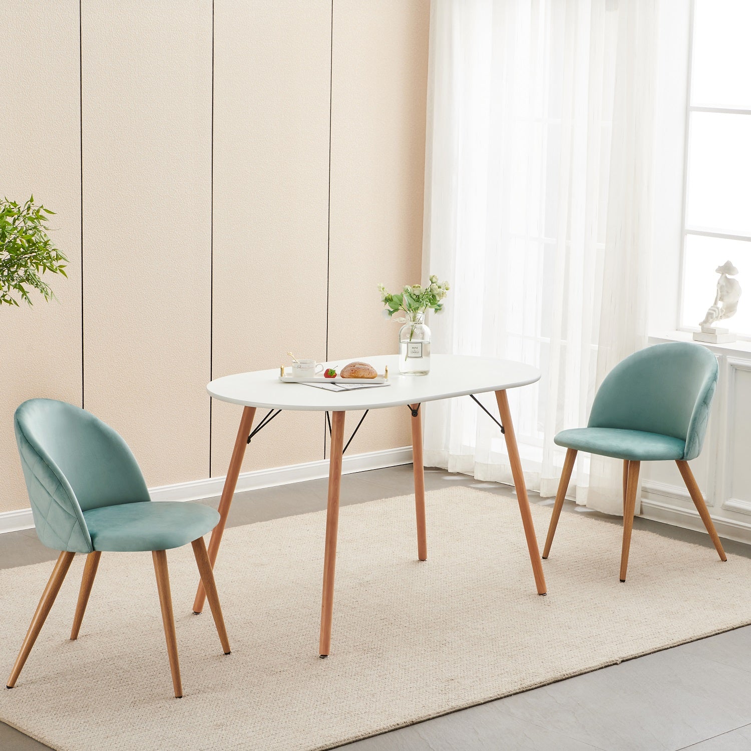 ZOMBA Velvet Dining Chairs Set of 2 Modern Round Back Upholstered Kitchen Chairs Wood Look Metal Legs Teal