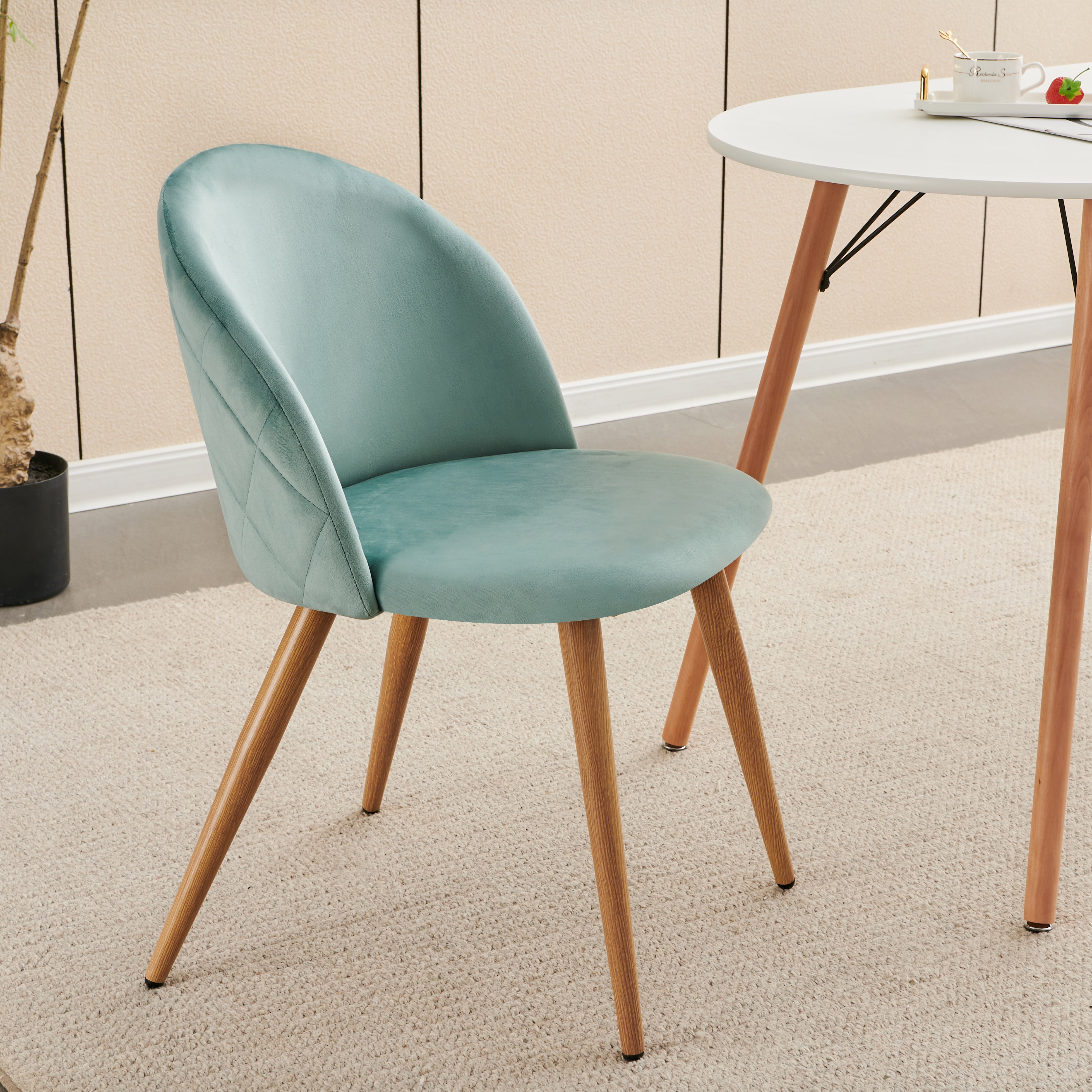 ZOMBA Velvet Dining Chairs Set of 2 Modern Round Back Upholstered Kitchen Chairs Wood Look Metal Legs Teal