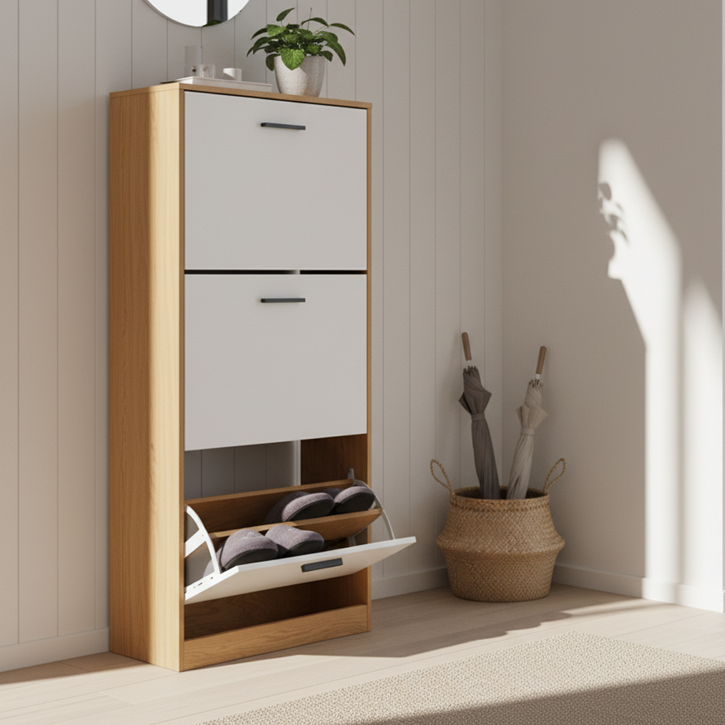 Liora Modern Shoe Cabinet with 3 Tilt-Out Drawers, White & Natural