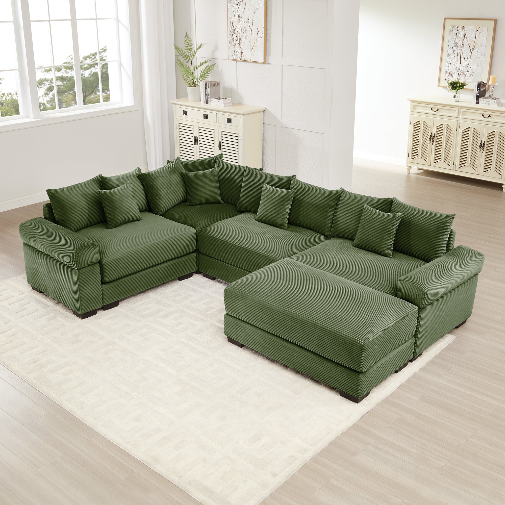Albany 117" Oversized 5 Pieces Corduroy Modular Corner Sectional Sofa with Ottoman, Green
