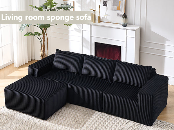 Omaha 101" Modern Corduroy L-Shaped Modular Sectional Sofa with Chaise, Black