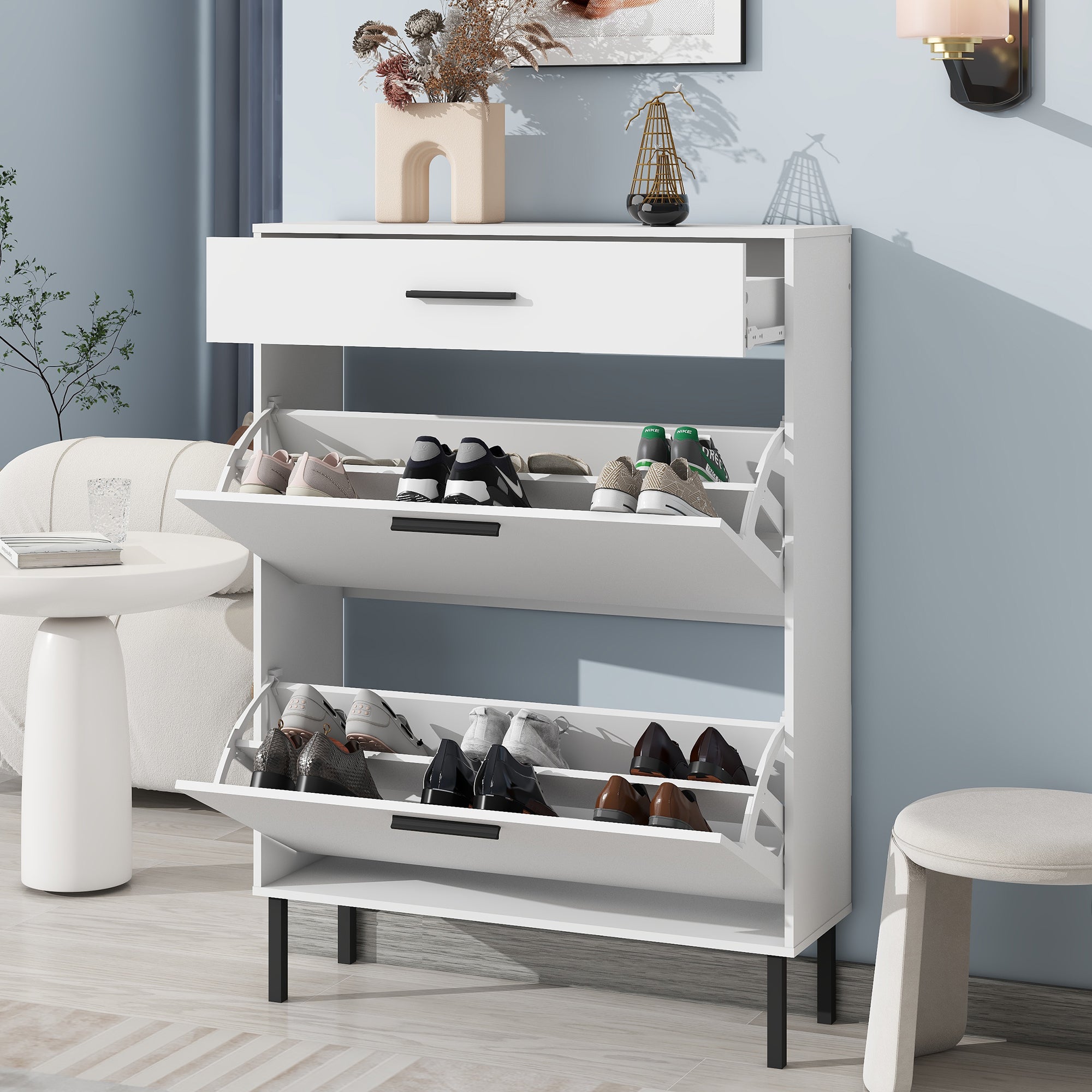 Harbor Modern Shoe Storage Cabinet with Drawer, White