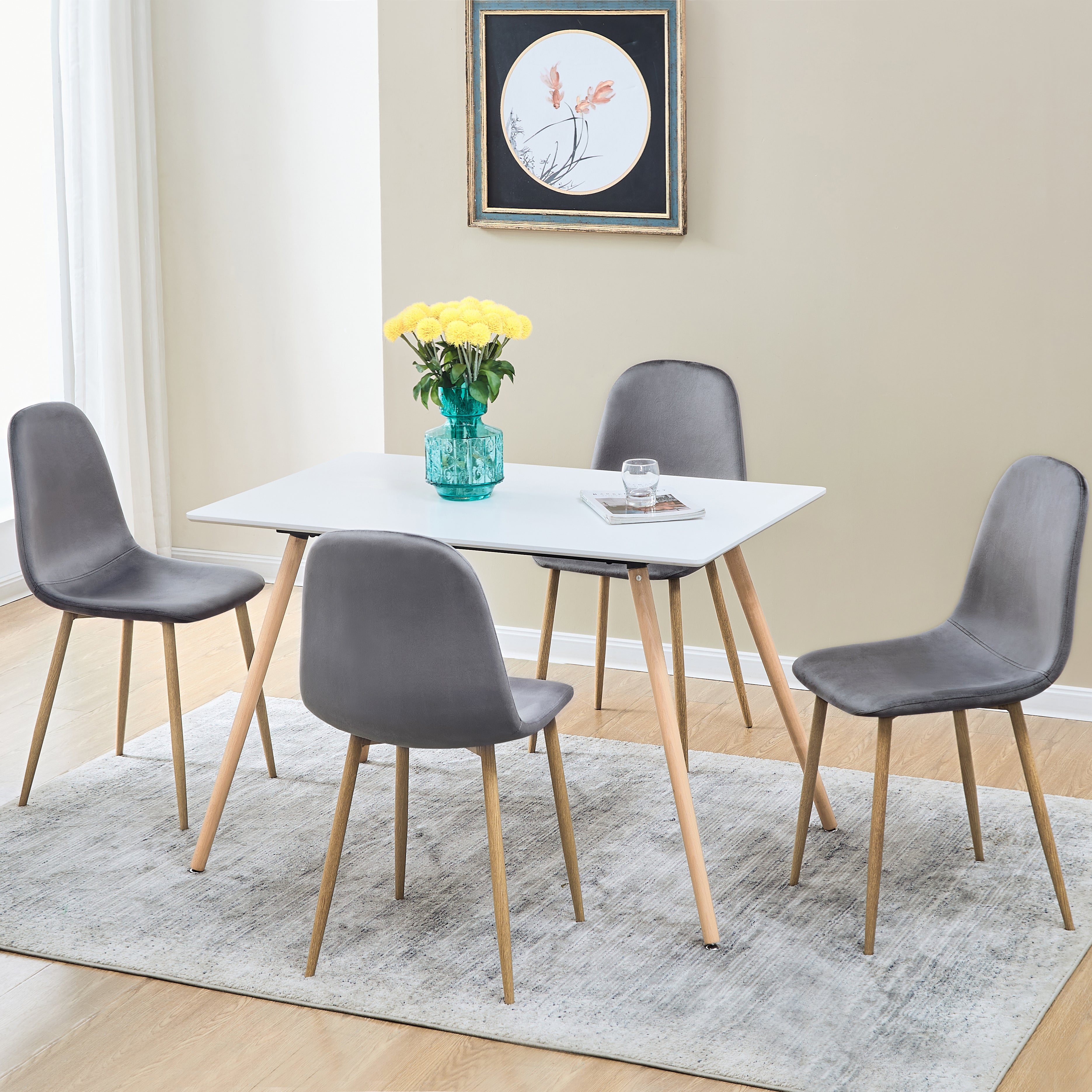 CHARLTON Set of 4 Velvet Dining Chairs, Curved Back with Wood-Look Metal Legs, Dark Gray Upholstery, Easy Assembly