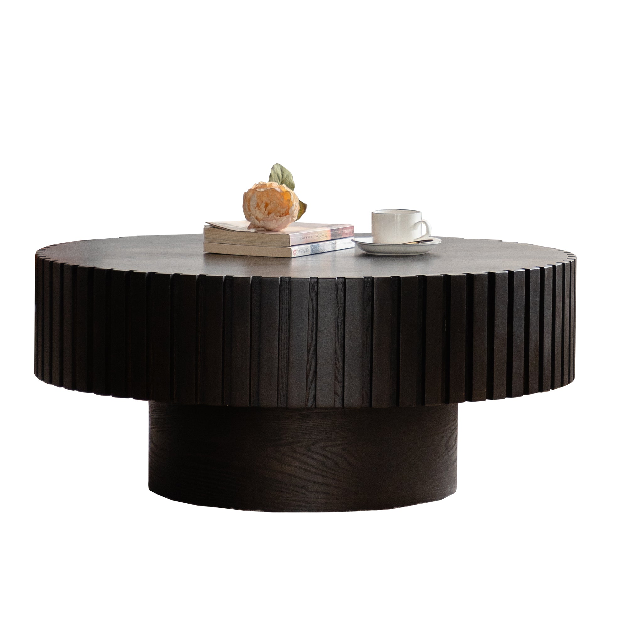 Round Coffee Table Handcrafted Relief Sturdy Pedestal Wooden Olive-Shaped Tea Table for Living Room
